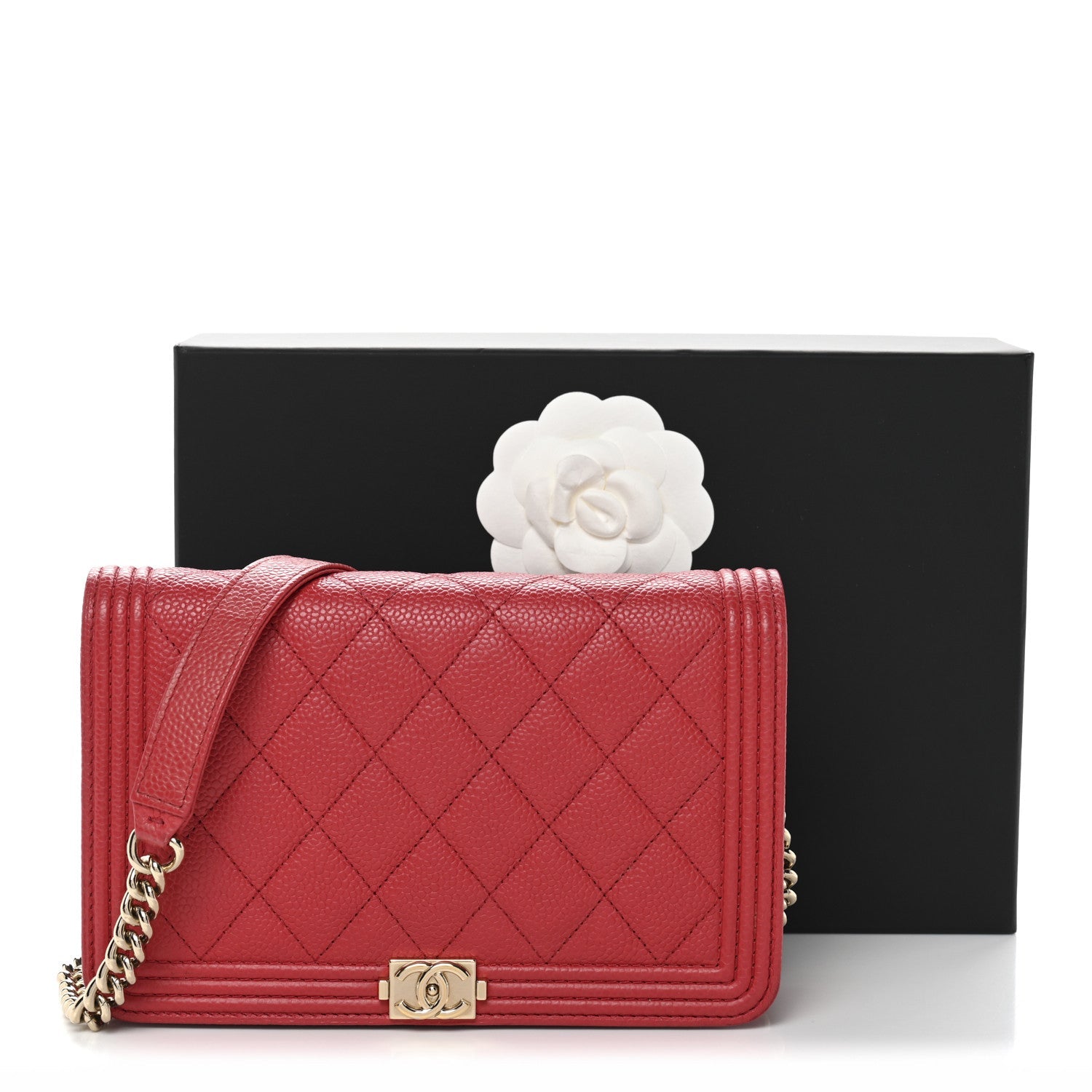 Chanel Caviar Quilted Boy Wallet On Chain WOC Red