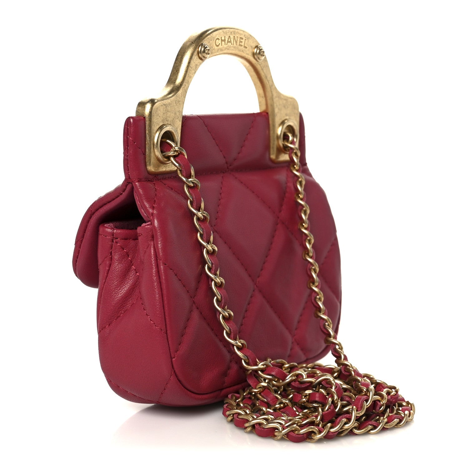 Chanel Calfskin Quilted Lady Handle Flap Card Holder With Chain Dark Pink
