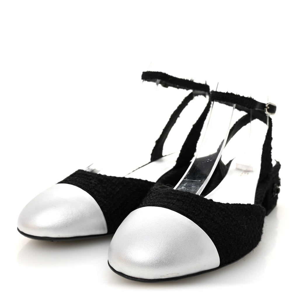 Chanel Tweed Iridescent Calfskin Cap Toe CC Slingback Pumps 38.5 Black Silver