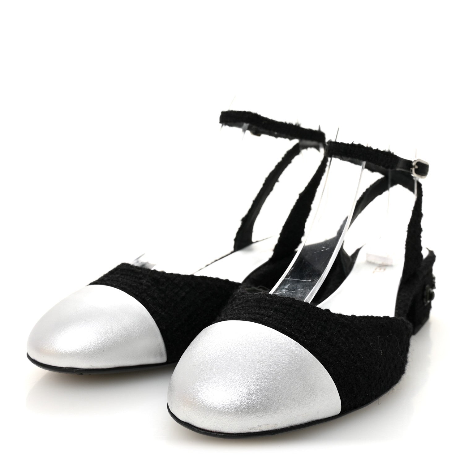Chanel Tweed Iridescent Calfskin Cap Toe CC Slingback Pumps 38.5 Black Silver
