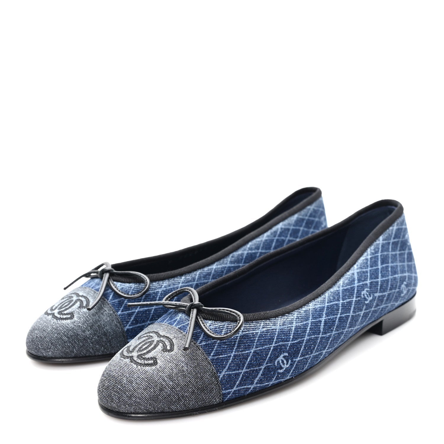 Denim Printed Quilt CC Cap Toe Ballerina Flats 37 Navy Blue Dark Grey