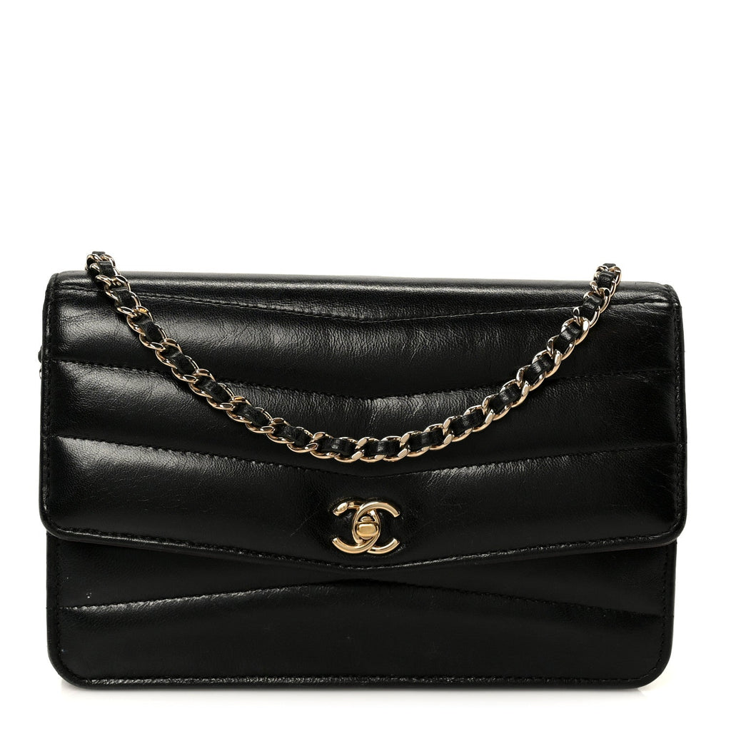 Chanel Lambskin Chevron Quilted Wallet On Chain WOC Black