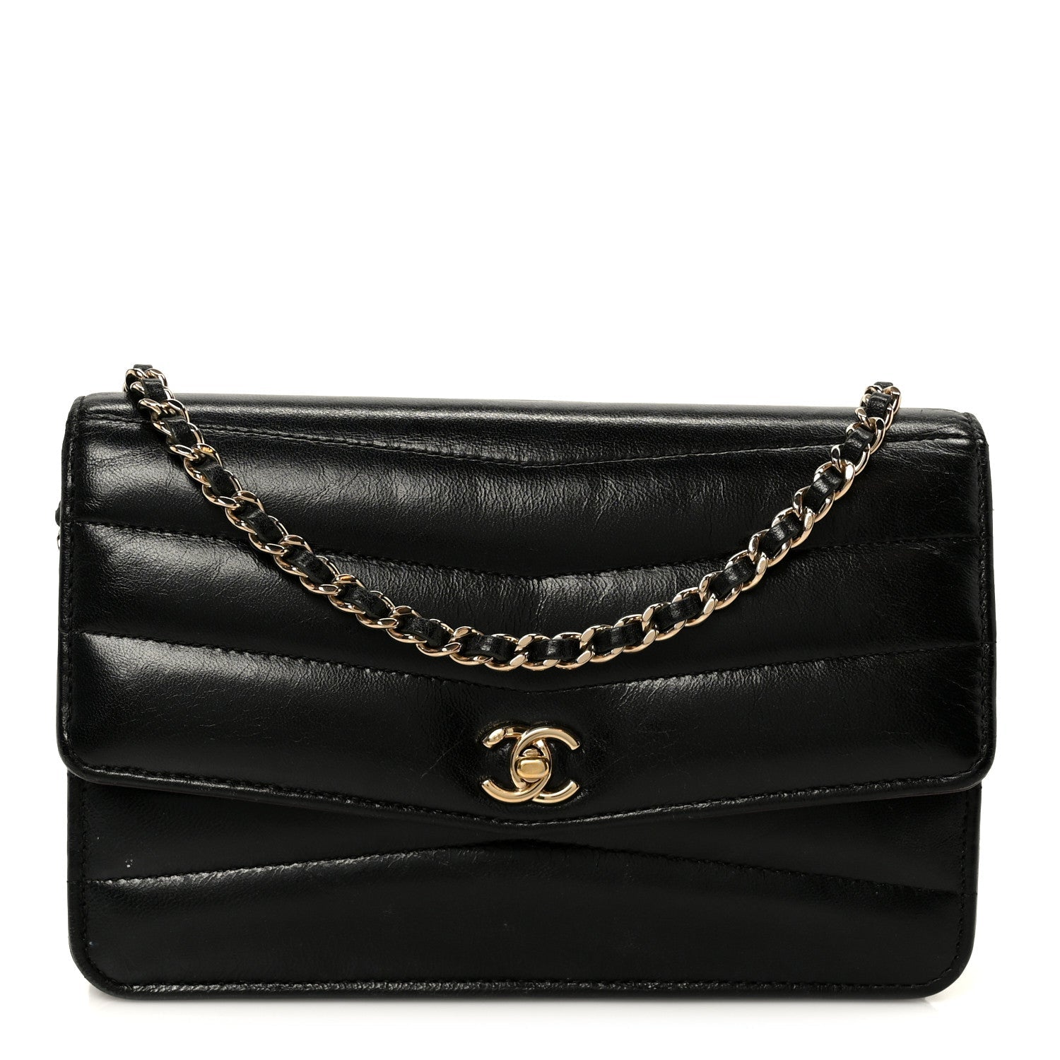 Chanel Lambskin Chevron Quilted Wallet On Chain WOC Black
