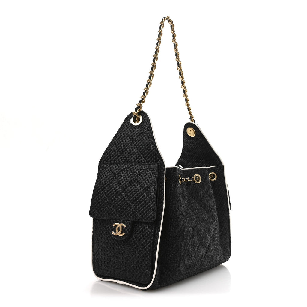 Chanel Braided Raffia Calfskin Small Chanel 25 Handbag Black White