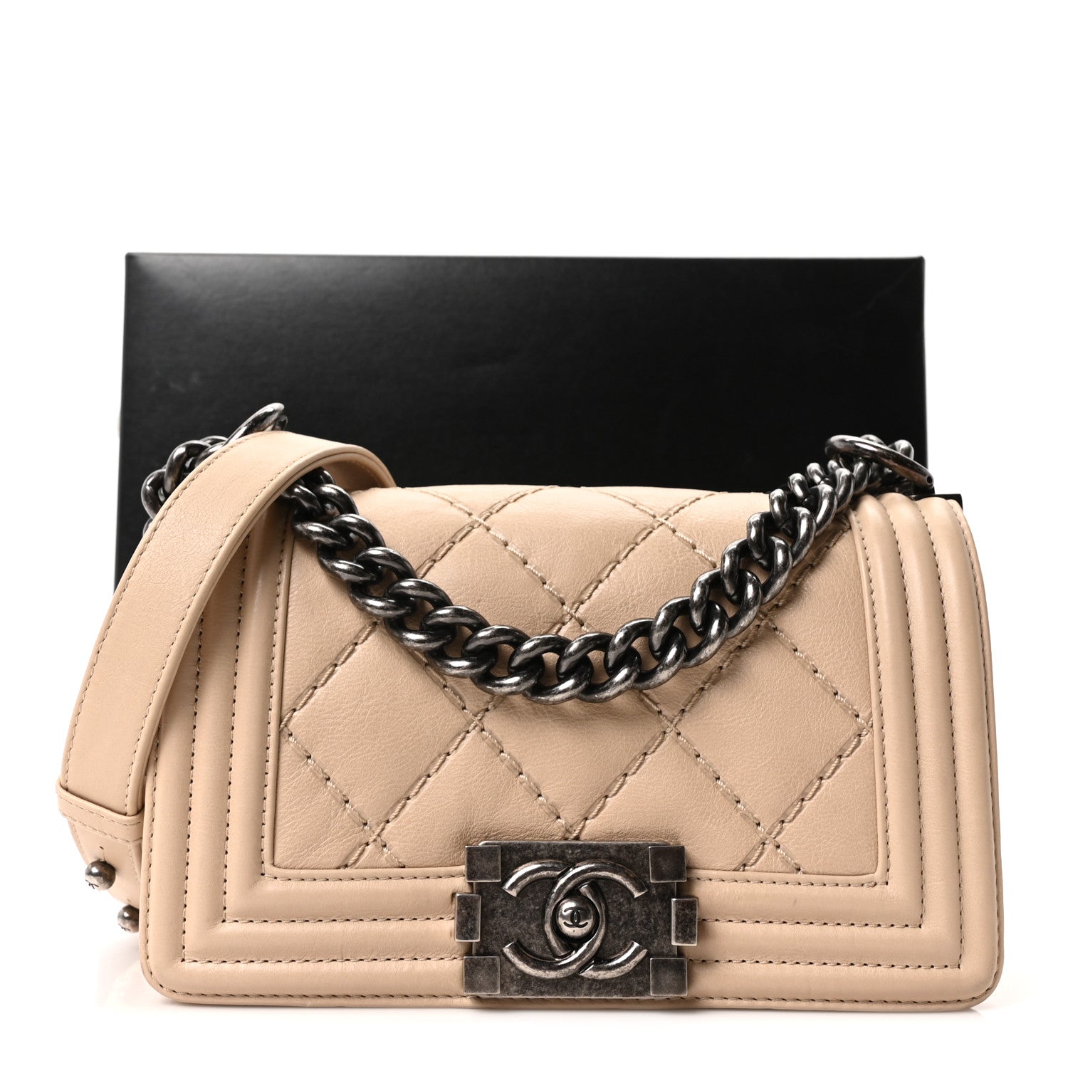Chanel Calfskin Double Stitch Small Boy Flap Beige