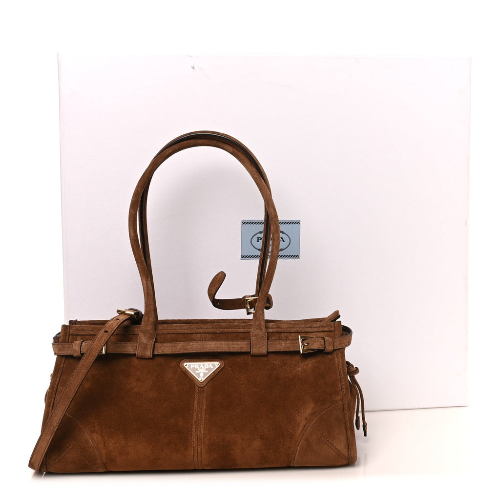 Prada Suede Triangle Medium Bonnie Shoulder Bag Cacao