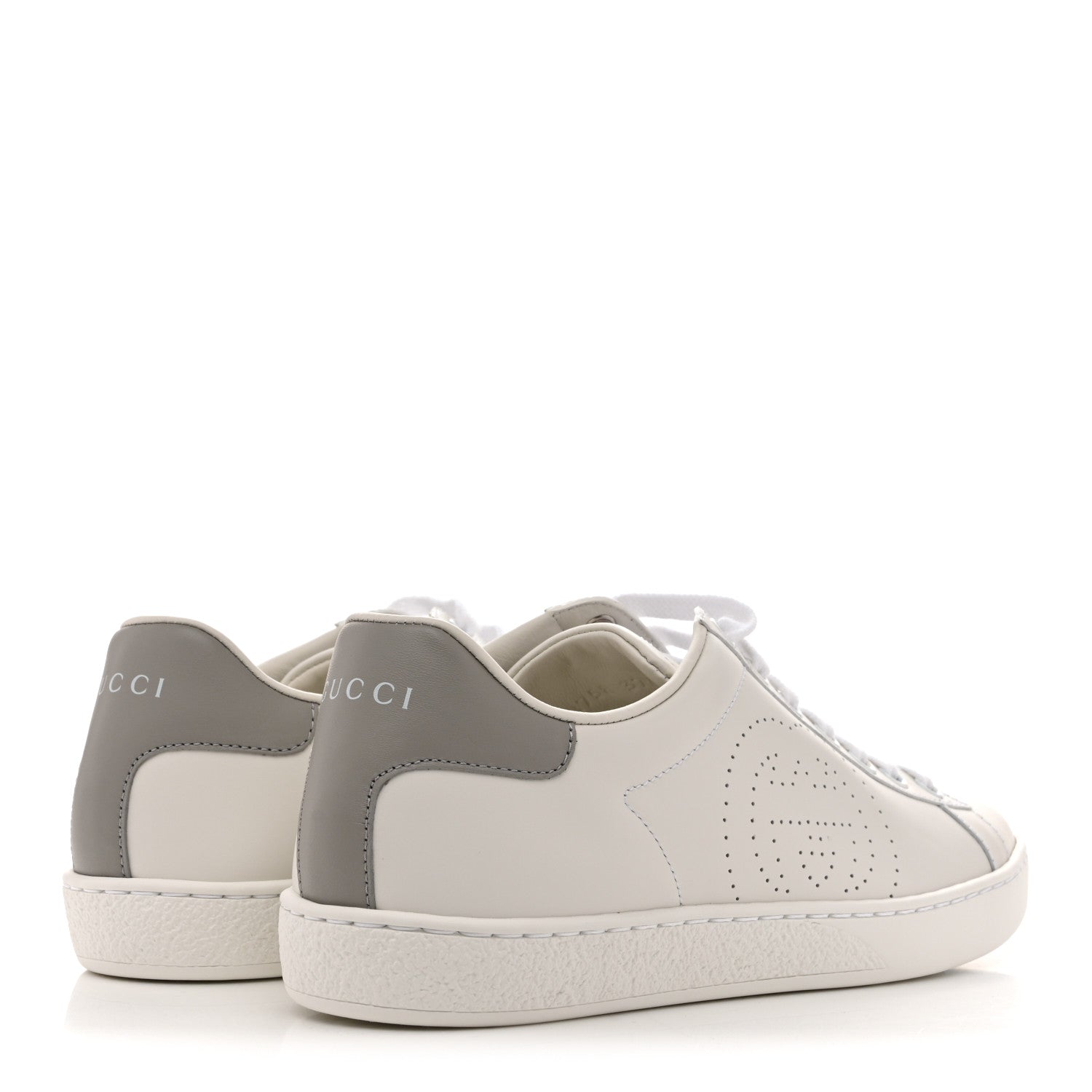 Gucci Calfskin Interlocking G Perforated Womens Ace Sneakers 37.5 White Grey Sky
