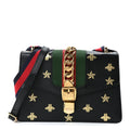 Gucci Textured Calfskin Bee Star Print Small Sylvie Shoulder Bag Black