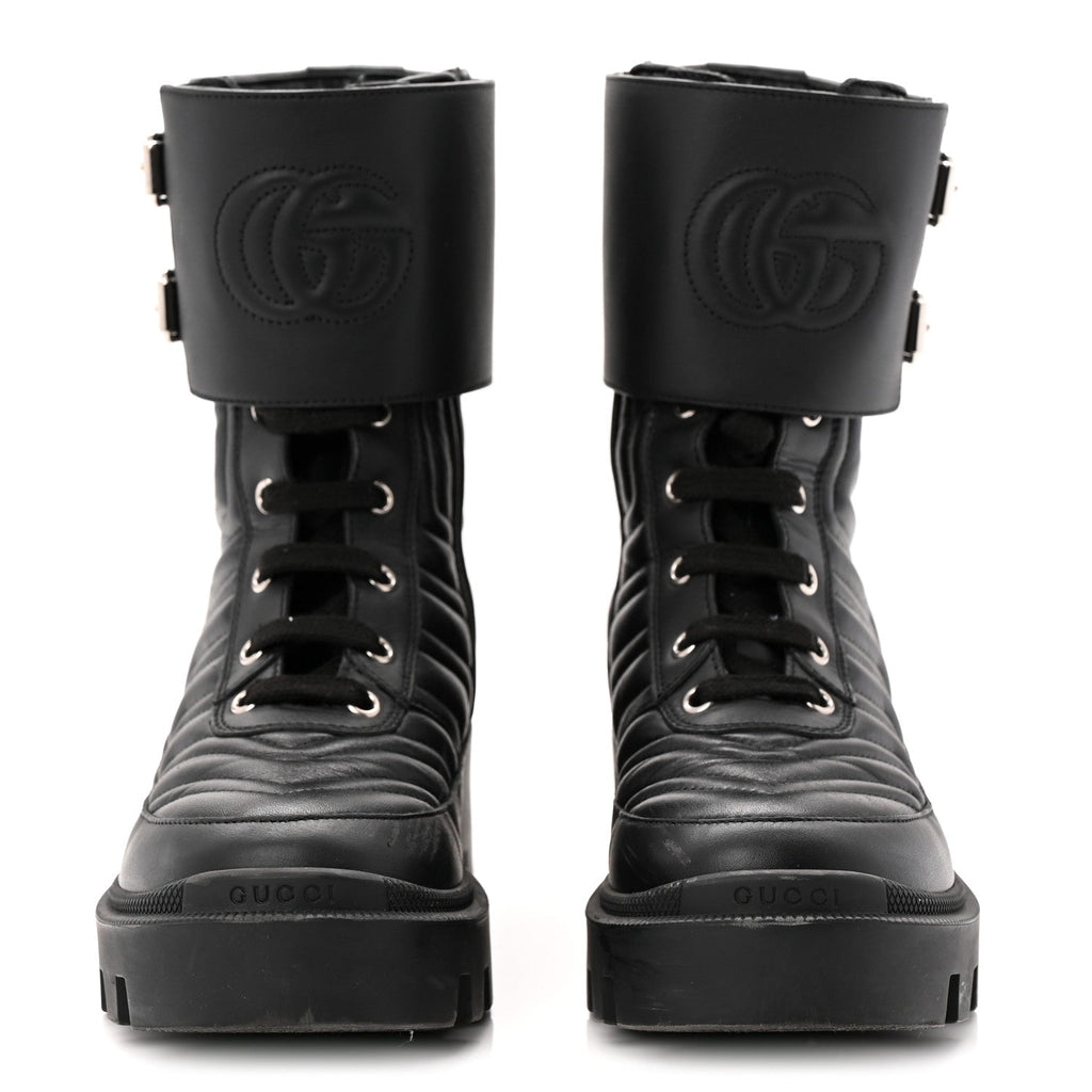 Gucci Nappa Frances GG Matelasse Platform Combat Boots 36 Black