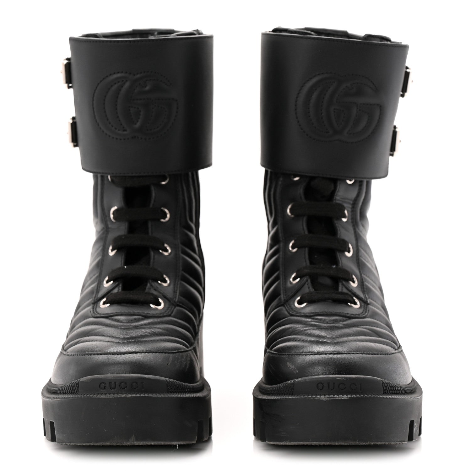 Gucci Nappa Frances GG Matelasse Platform Combat Boots 36 Black
