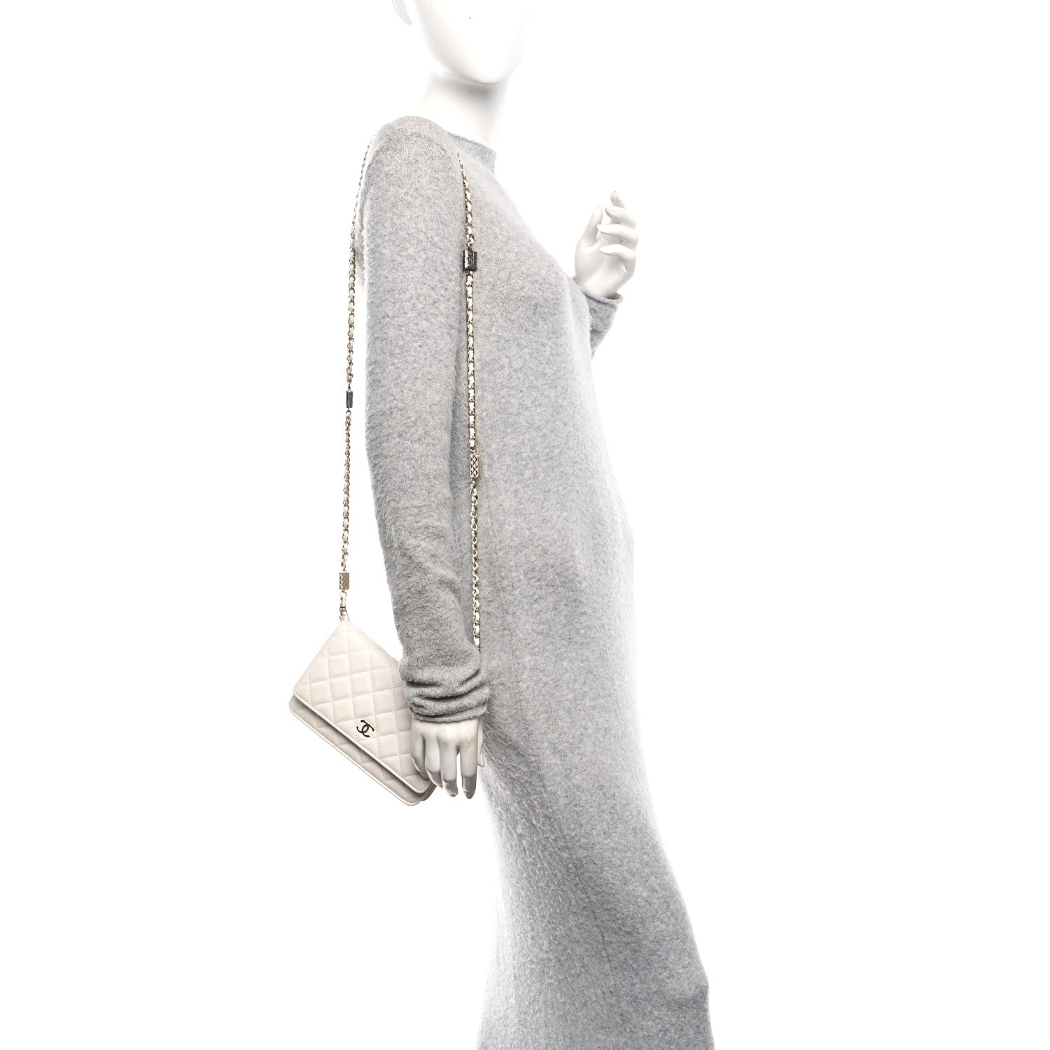 Chanel Shiny Caviar Quilted Flap Charm Wallet On Chain WOC White