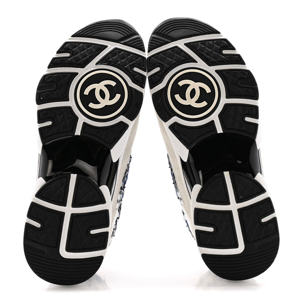 Chanel Tweed Suede Calfskin Womens CC Sneakers 38 Dark Blue Black Grey White