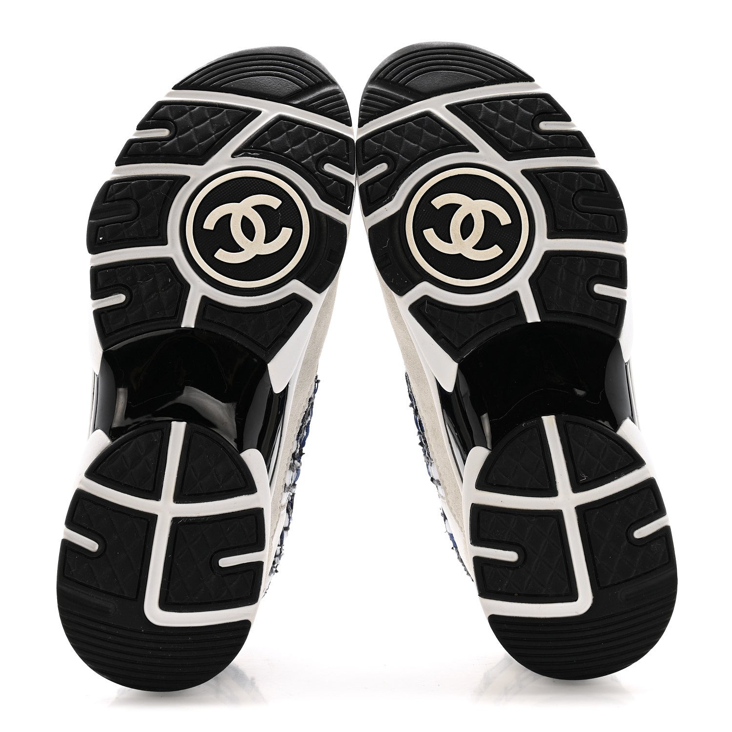 Chanel Tweed Suede Calfskin Womens CC Sneakers 38 Dark Blue Black Grey White