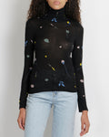 Chanel 18B  Black Cashmere High-Neck Jumper with Multi-Colour Floral and CC Logo Embroideries with Black and Silver CC Logo Button Detail Size FR 34 (UK 6)