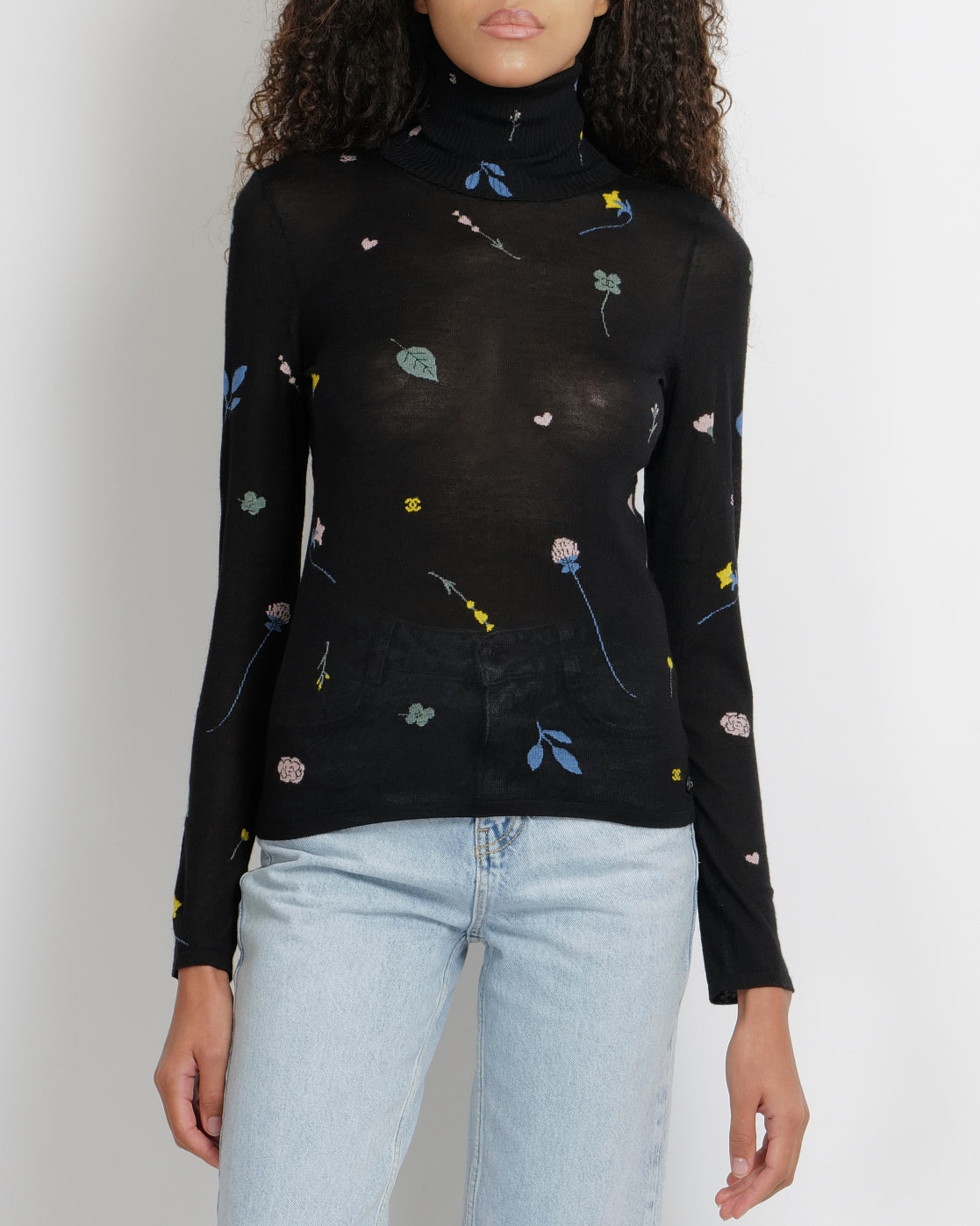 Chanel 18B  Black Cashmere High-Neck Jumper with Multi-Colour Floral and CC Logo Embroideries with Black and Silver CC Logo Button Detail Size FR 34 (UK 6)
