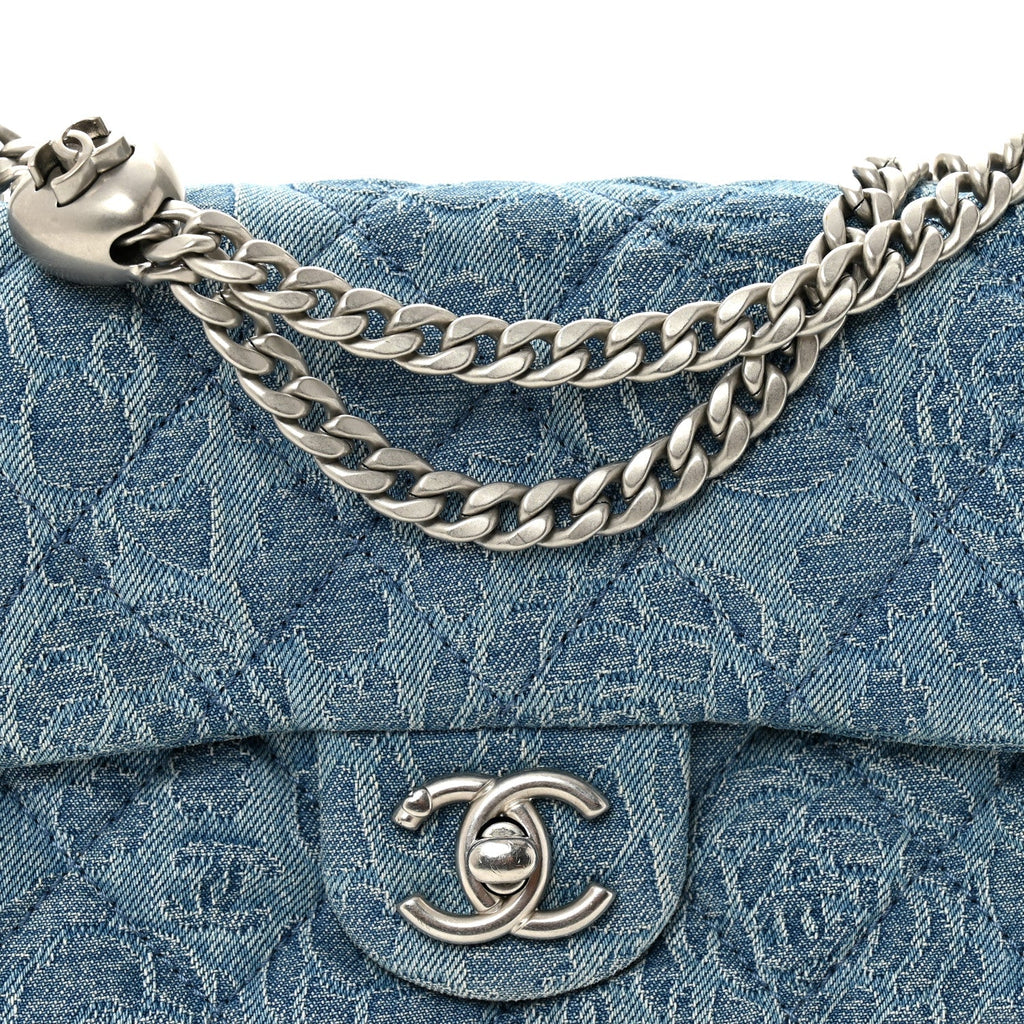 Chanel Denim Quilted Camellia Sweetheart Mini Rectangular Flap Blue