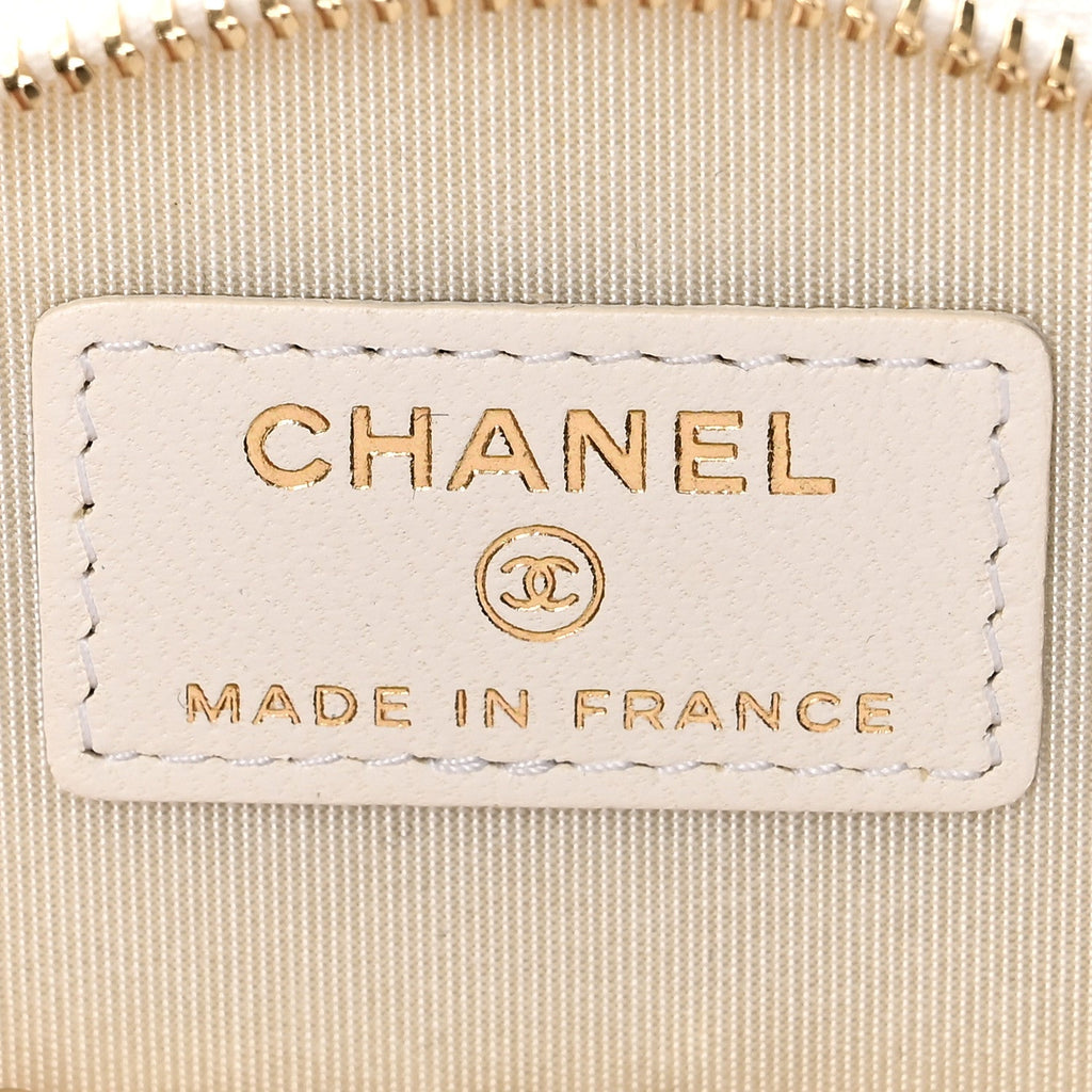Chanel Lambskin Quilted Round Small Vanity Case With Chain White Black