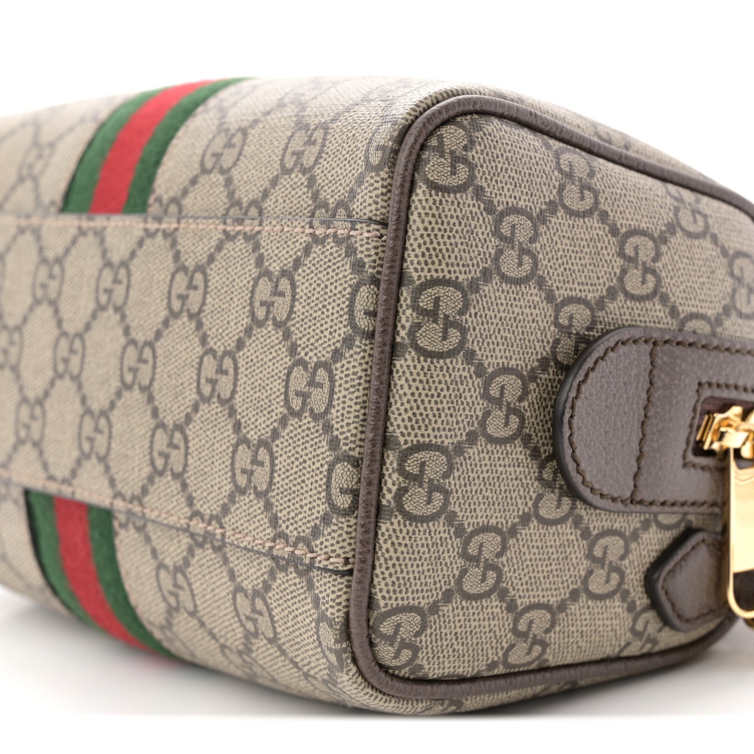 Gucci GG Supreme Monogram Textured Dollar Calfskin Web Mini Ophidia Top Handle Bag Beige Ebony New Acero