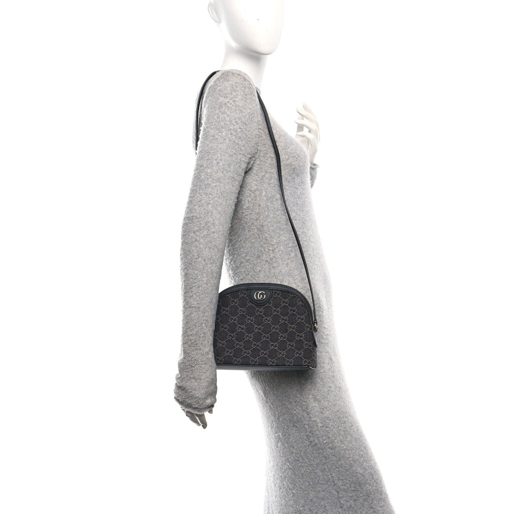 Gucci Denim Cuoio Harness GG Monogram Small Ophidia Dome Shoulder Bag Black Medium Grey