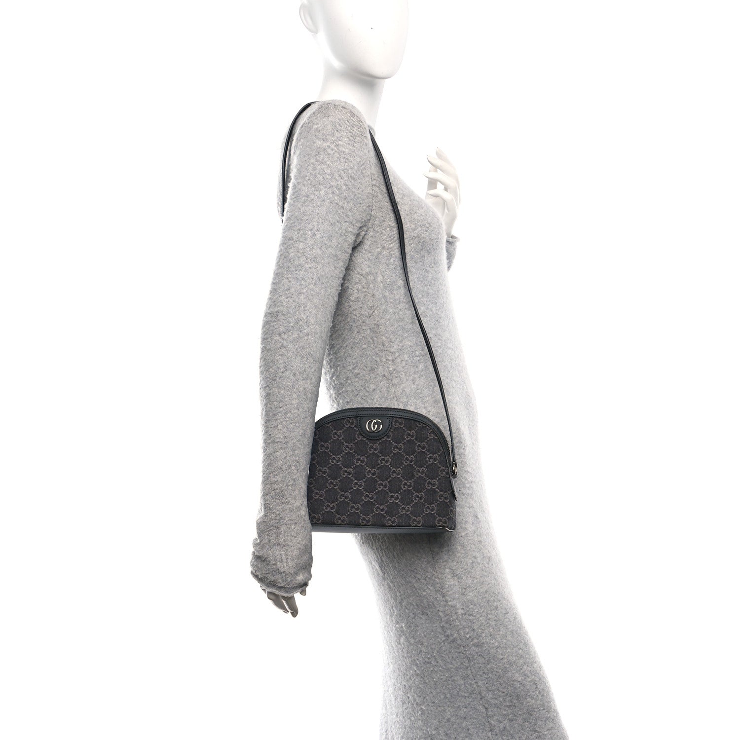 Gucci Denim Cuoio Harness GG Monogram Small Ophidia Dome Shoulder Bag Black Medium Grey