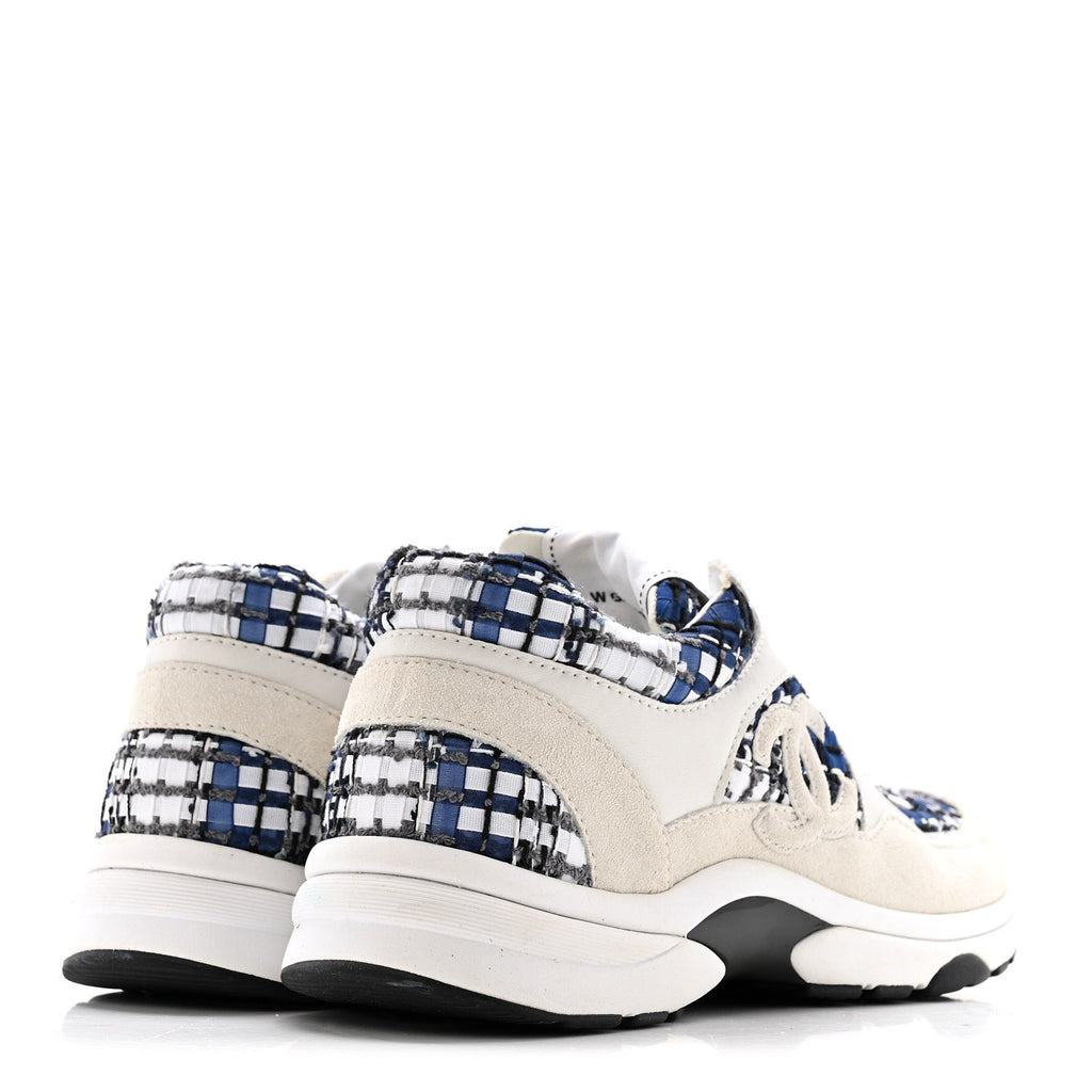 Chanel Tweed Suede Calfskin Womens CC Sneakers 38 Dark Blue Black Grey White