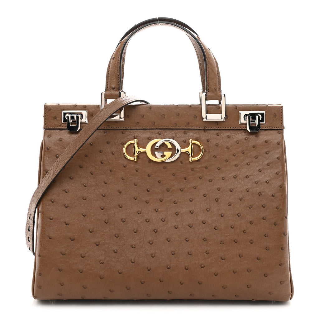 Gucci Ostrich Medium Zumi Top Handle Bag Brown