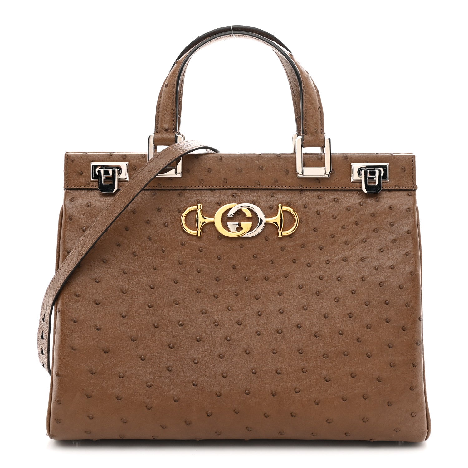 Gucci Ostrich Medium Zumi Top Handle Bag Brown
