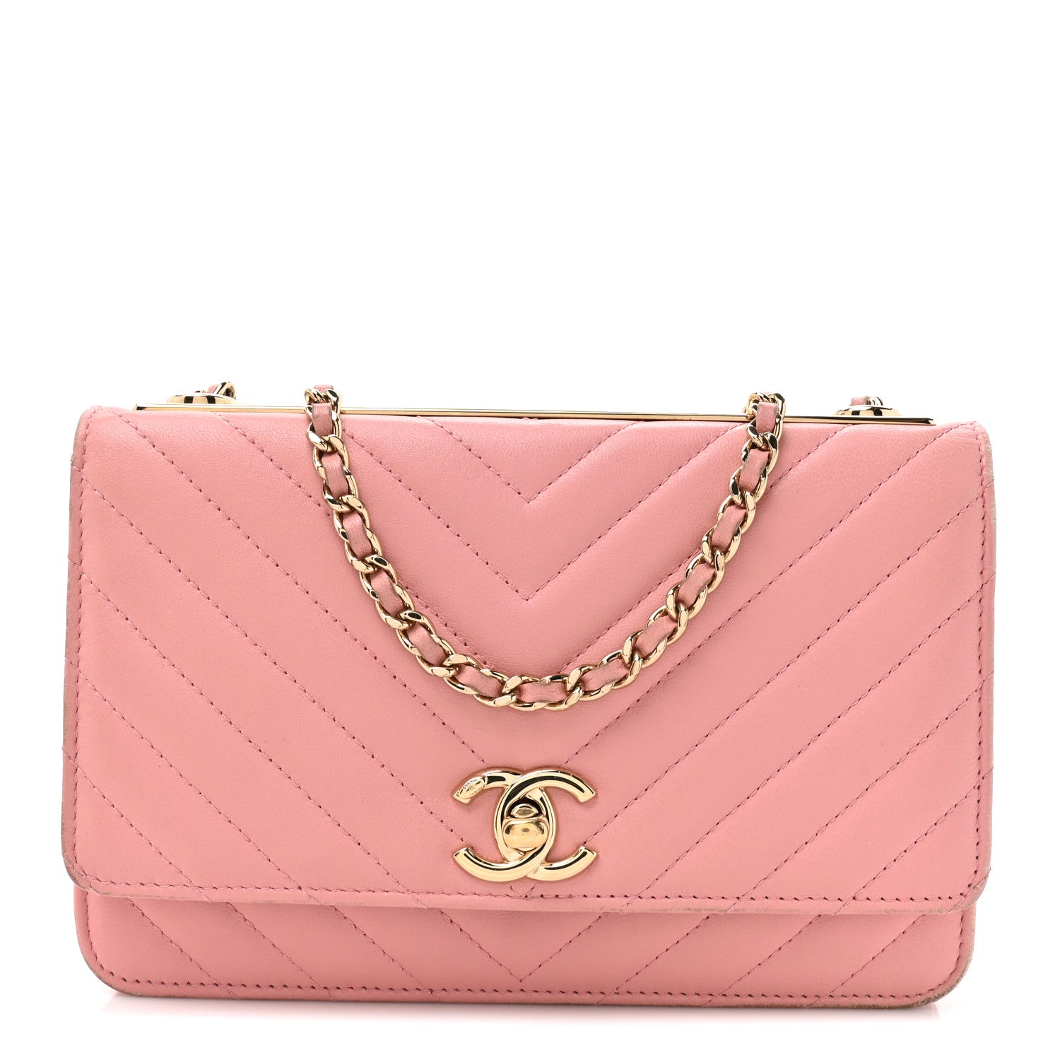 Chanel Lambskin Chevron Quilted Trendy CC Wallet On Chain WOC Pink