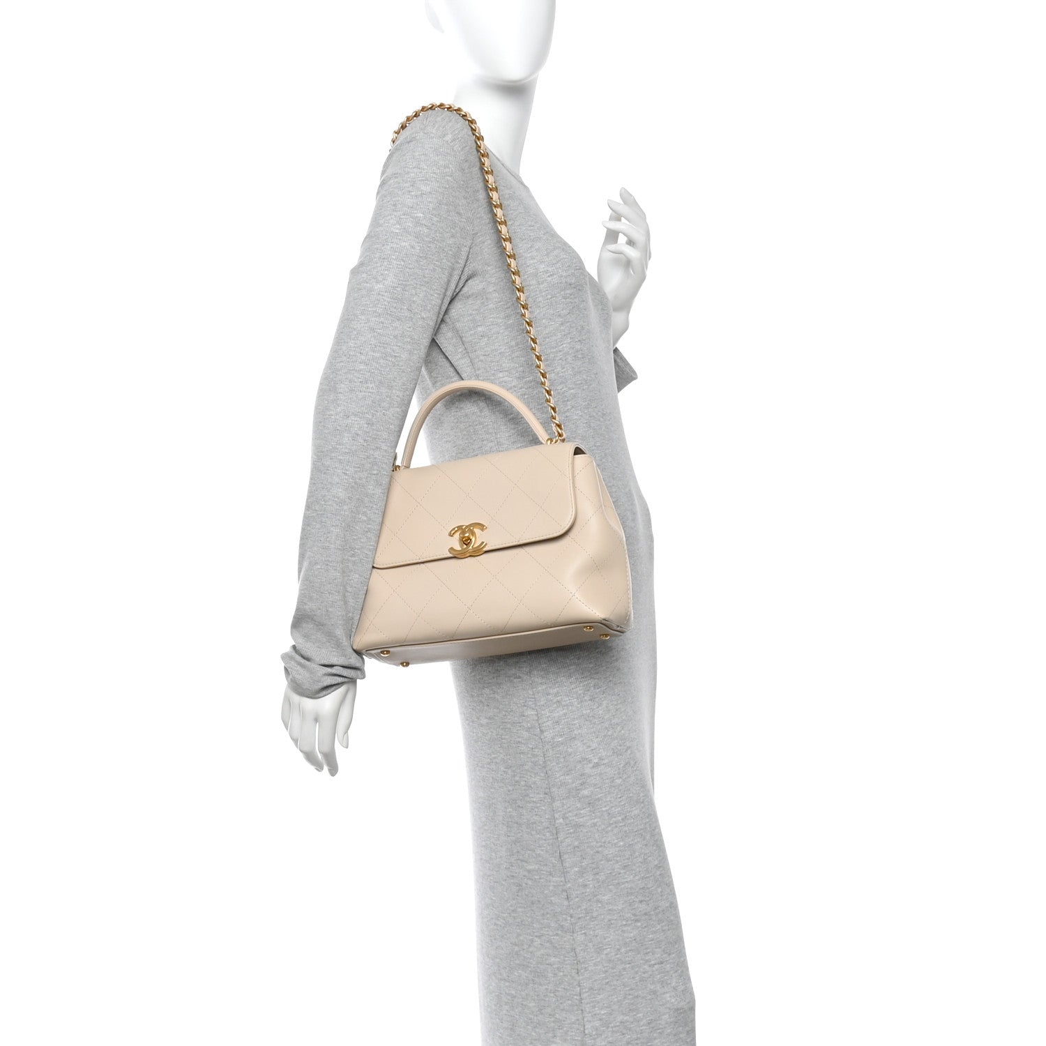 Chanel Calfskin Stitched Flap Top Handle Beige