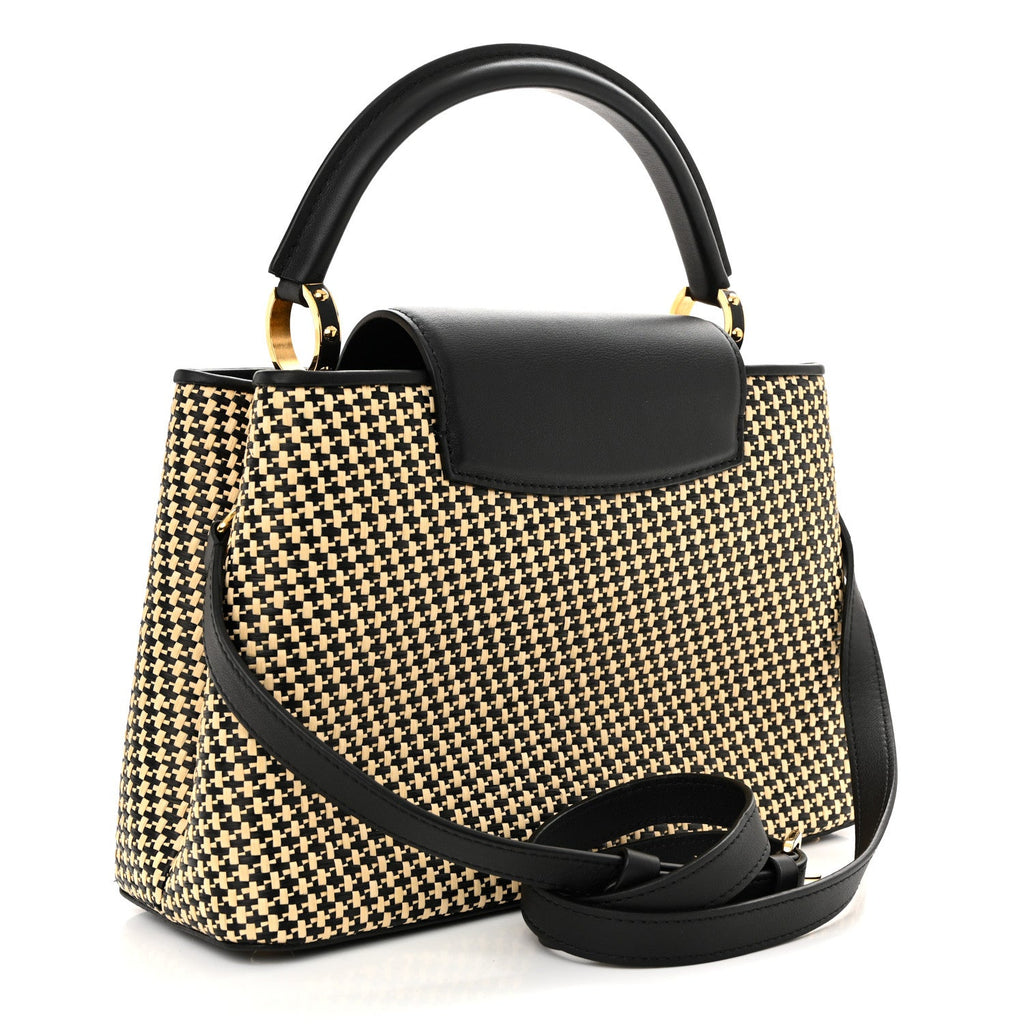 Louis Vuitton Raffia Calfskin Capucines MM Black Ecru