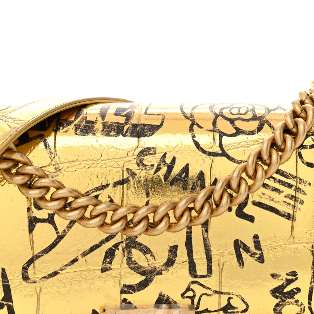 Chanel Metallic Calfskin Crocodile Embossed Graffiti Medium Cocodile Boy Flap Gold