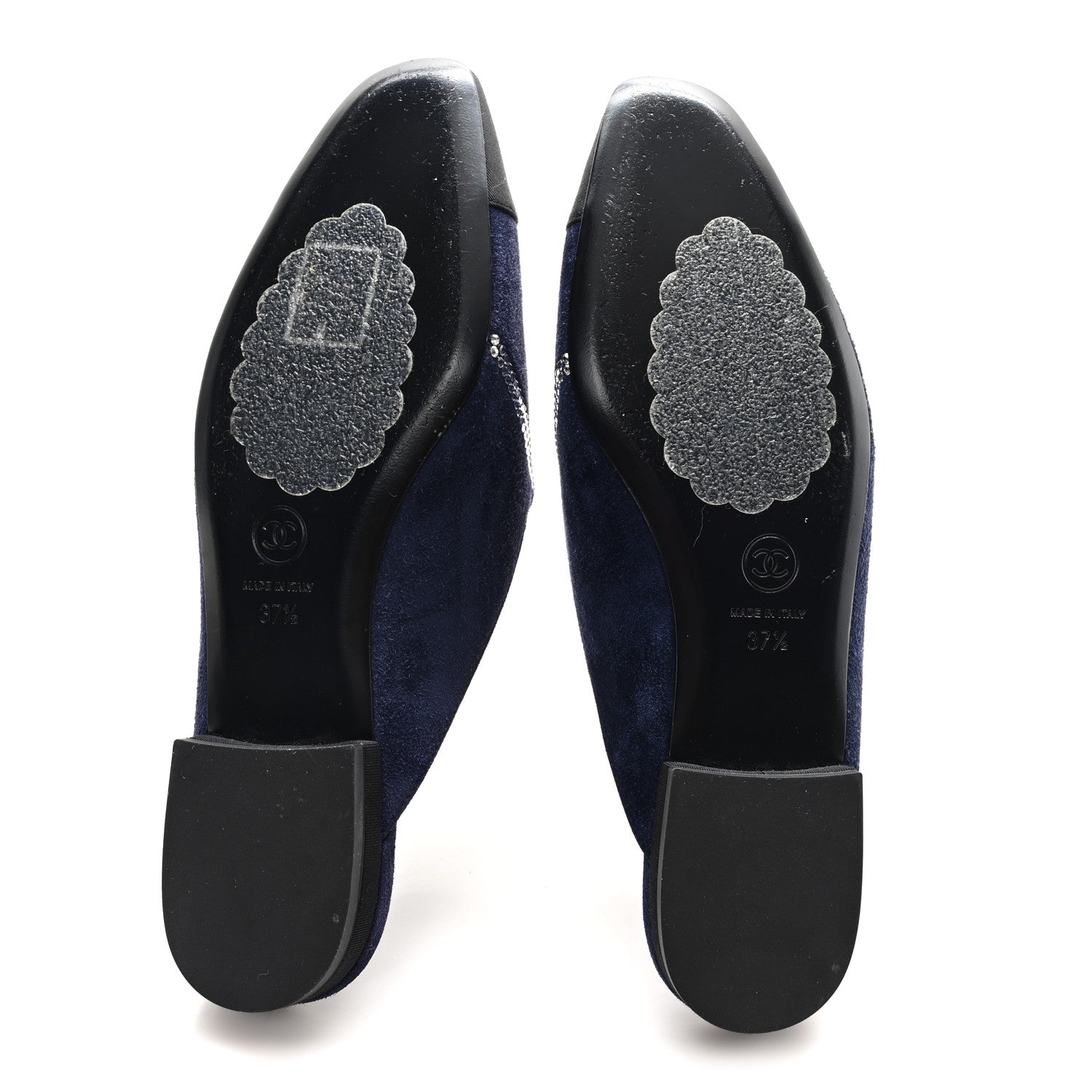 Chanel Suede Calfskin Grosgrain Crystal CC Star Mules  37.5 Blue Black