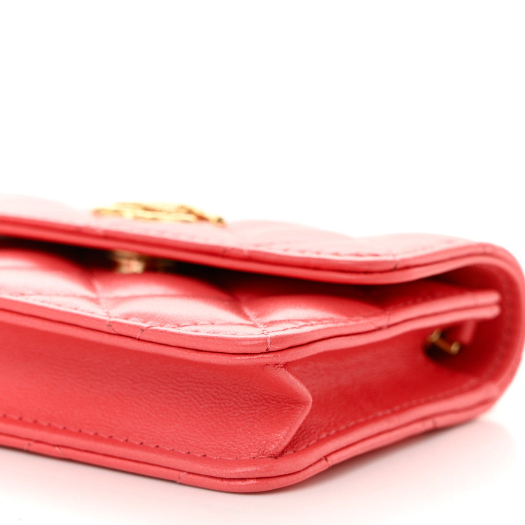 Chanel Shiny Lambskin Quilted Card Holder On Chain Pink