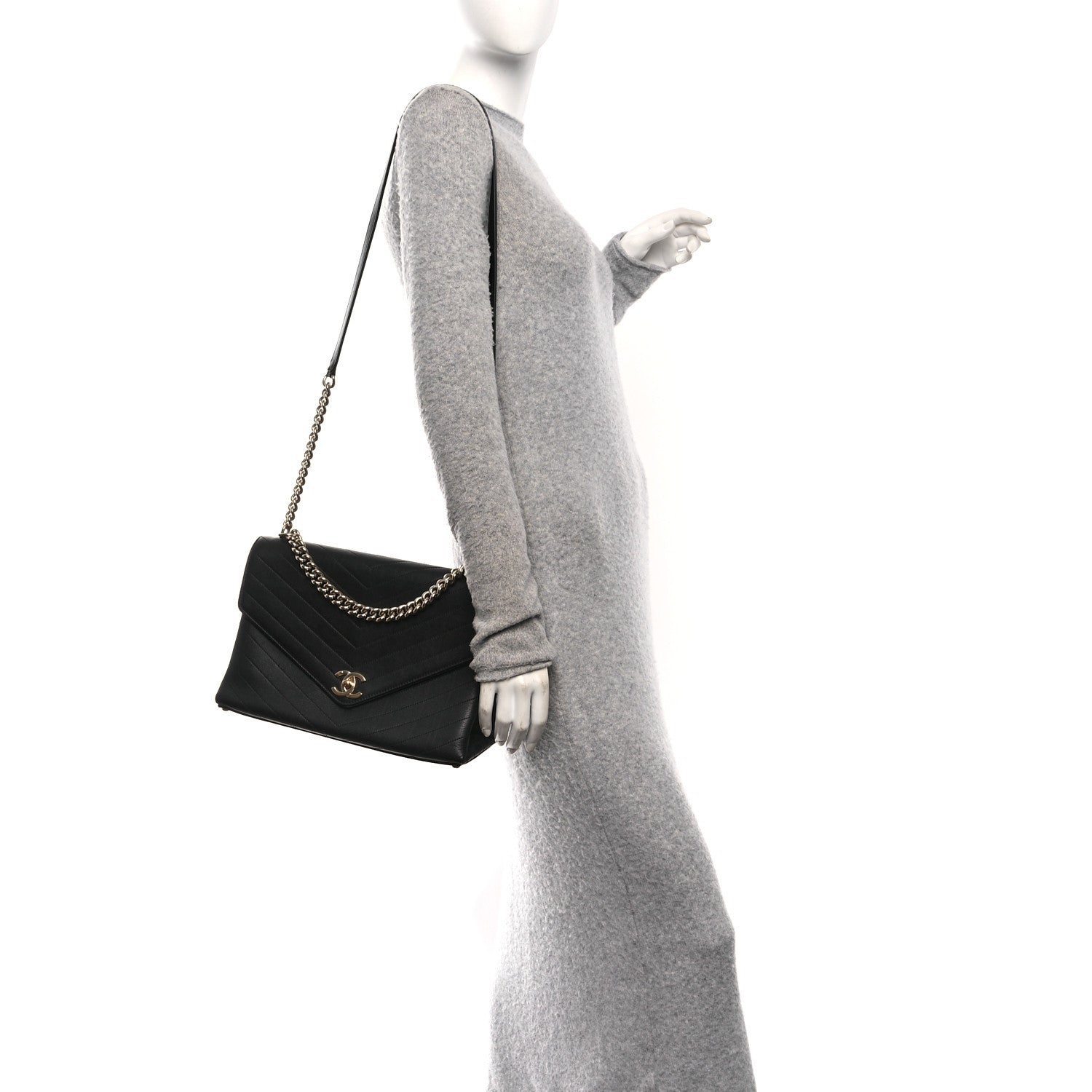 Chanel Calfskin Chevron Stitched Large Envelope Flap Black