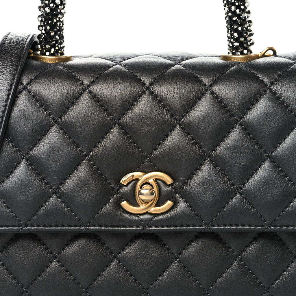 Chanel Calfskin Strass Quilted Mini Coco Handle Flap Dark Silver
