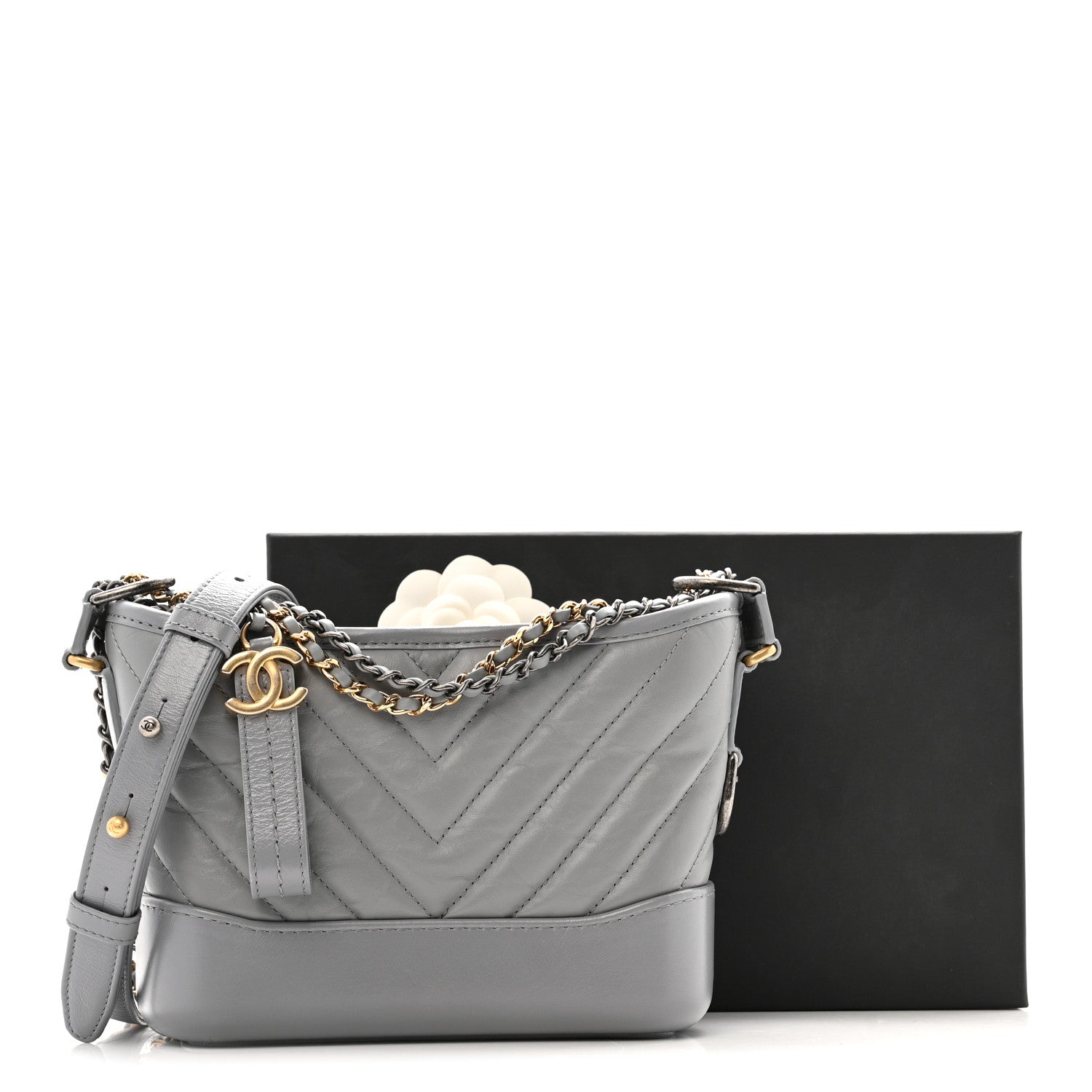 Chanel Aged Calfskin Chevron Quilted Small Gabrielle Hobo Grey