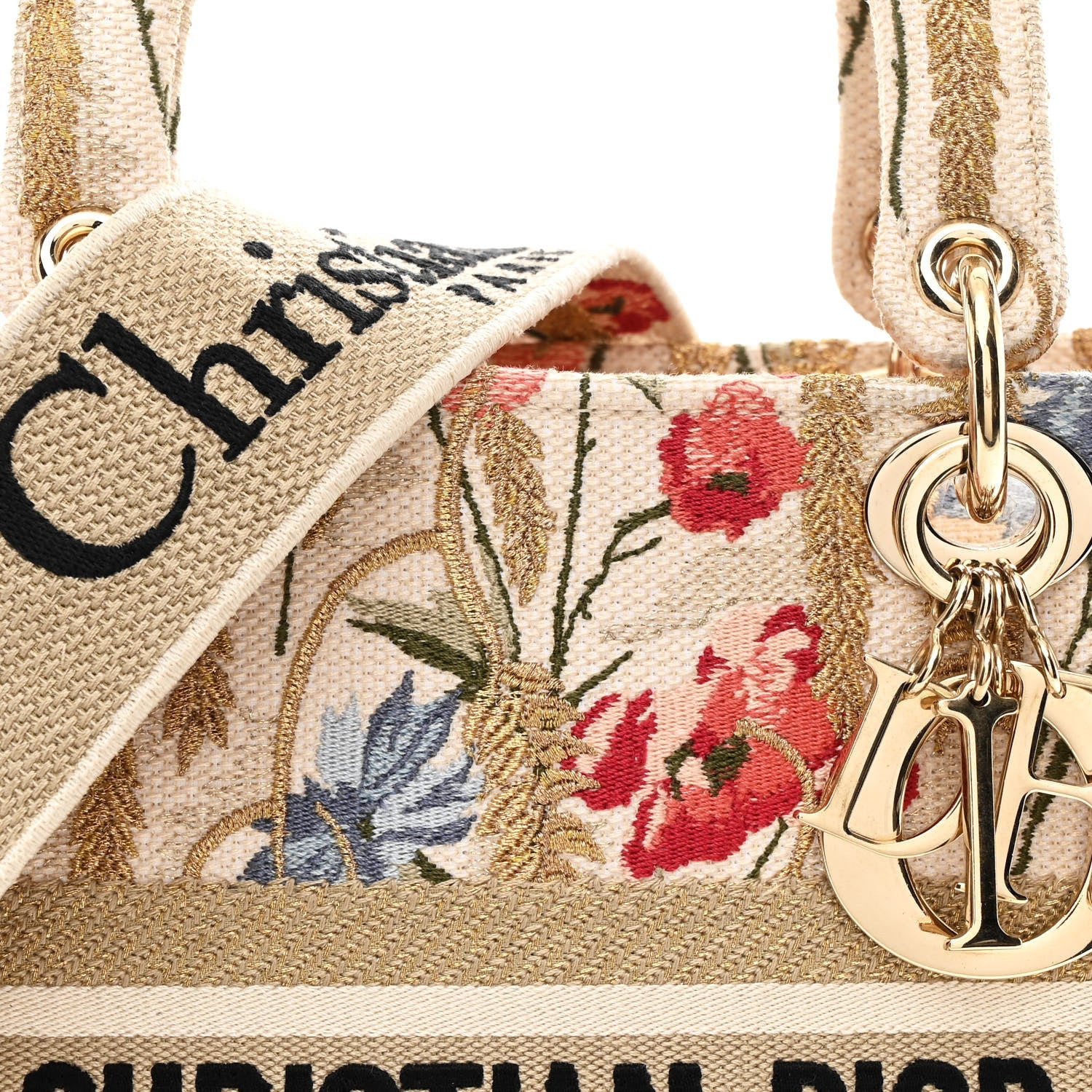 Christian Dior Canvas Embroidered Hibiscus Printed Medium Lady D-Lite Beige Multicolor