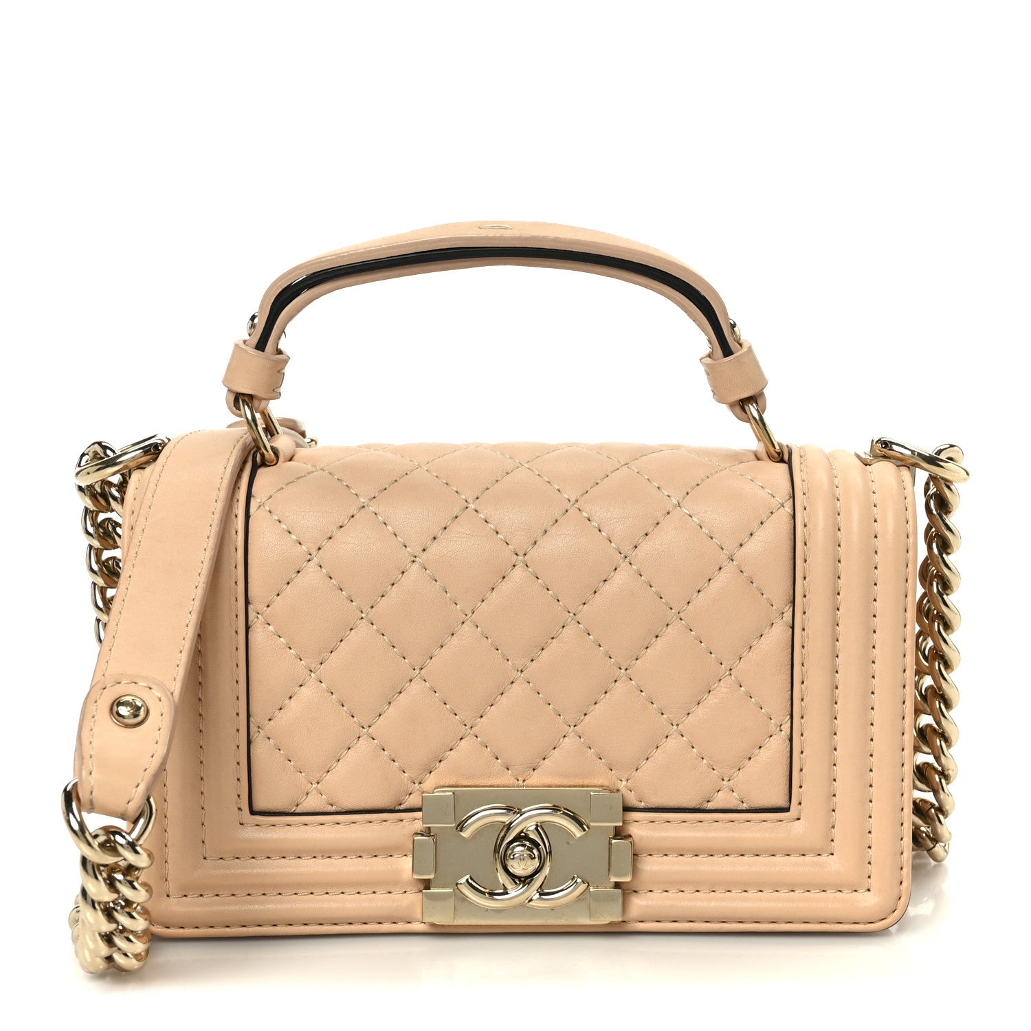 Chanel Calfskin Quilted Small Boy Top Handle Flap Beige Clair