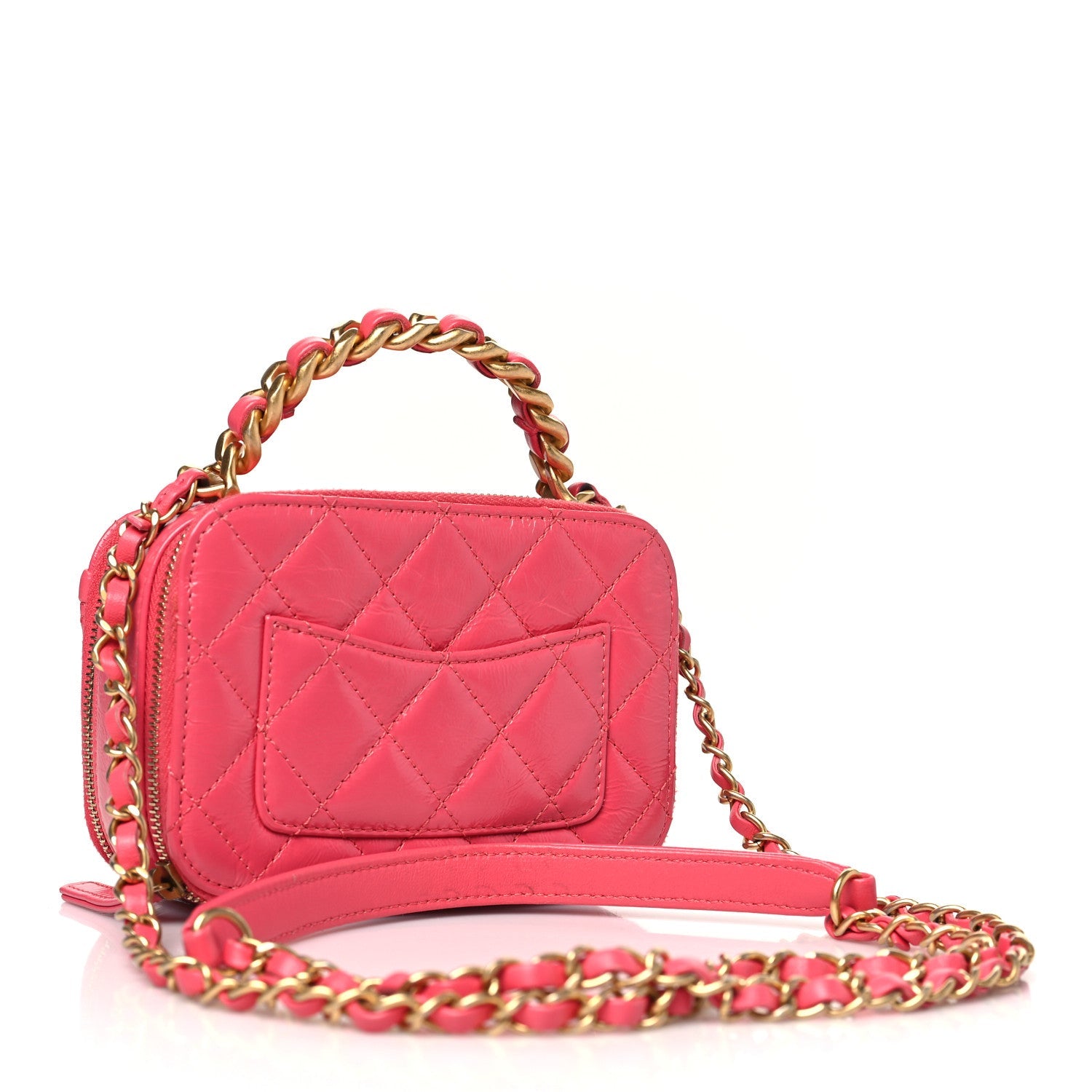 Chanel Crumpled Calfskin Quilted Mini Get Round Top Handle Vanity Case Pink
