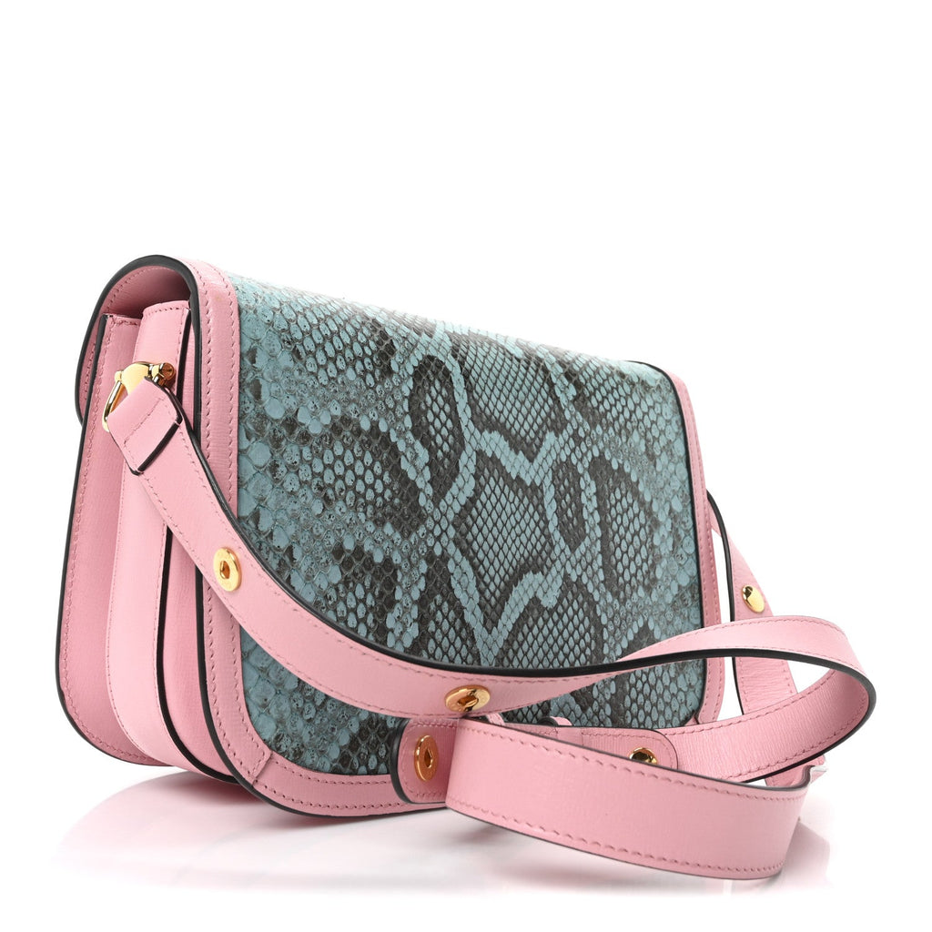 Gucci Snakeskin Calfskin Horsebit 1955 Shoulder Bag Blue Pink