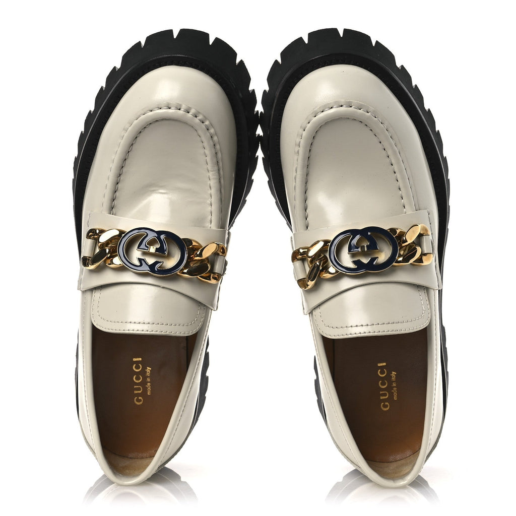 Gucci Cordovan Lux Womens Jeanne Platform Lug Sole 30/45mm Loafers 39 Mystic White