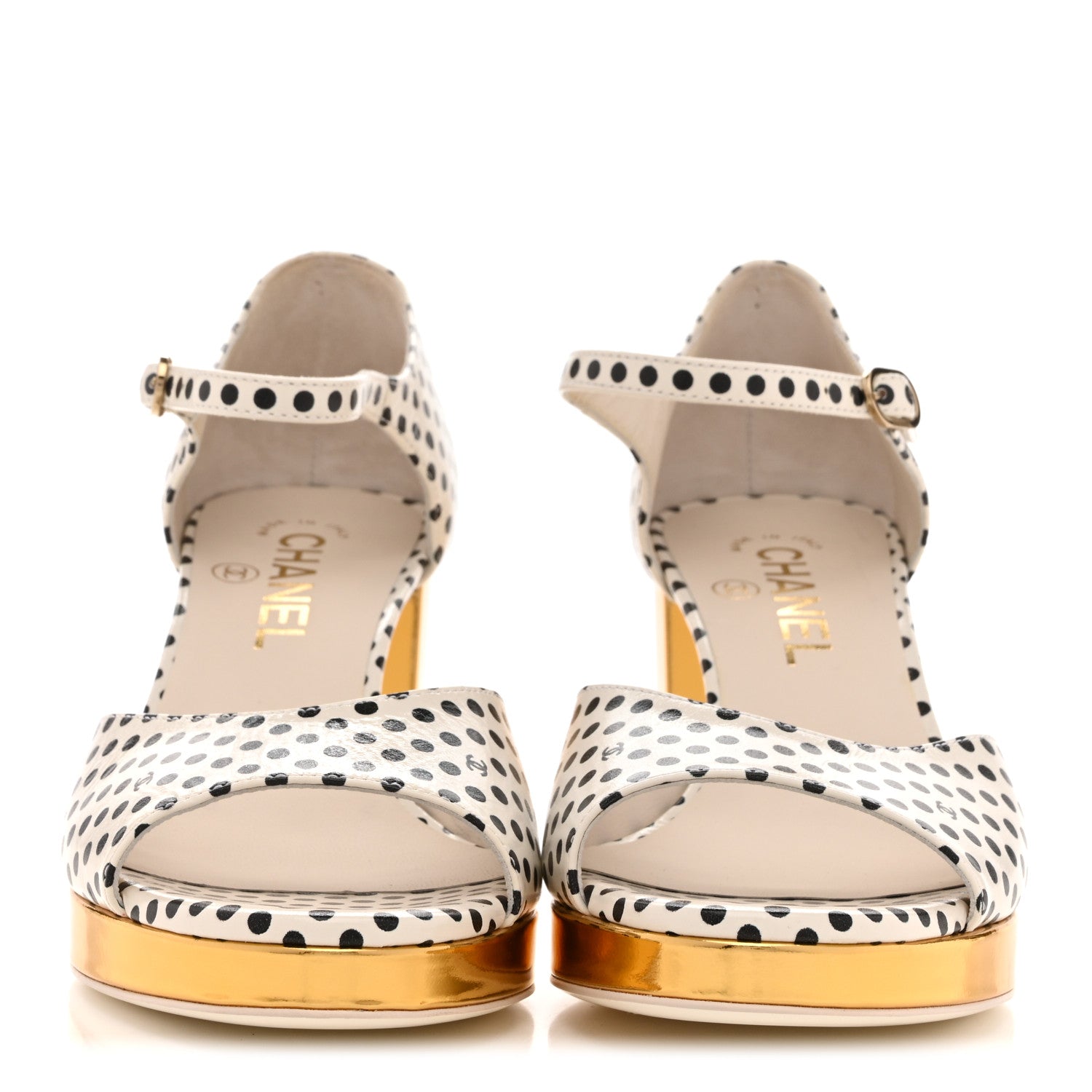 Printed Calfskin Polka Dot CC Platform Sandals 37 Ivory Black