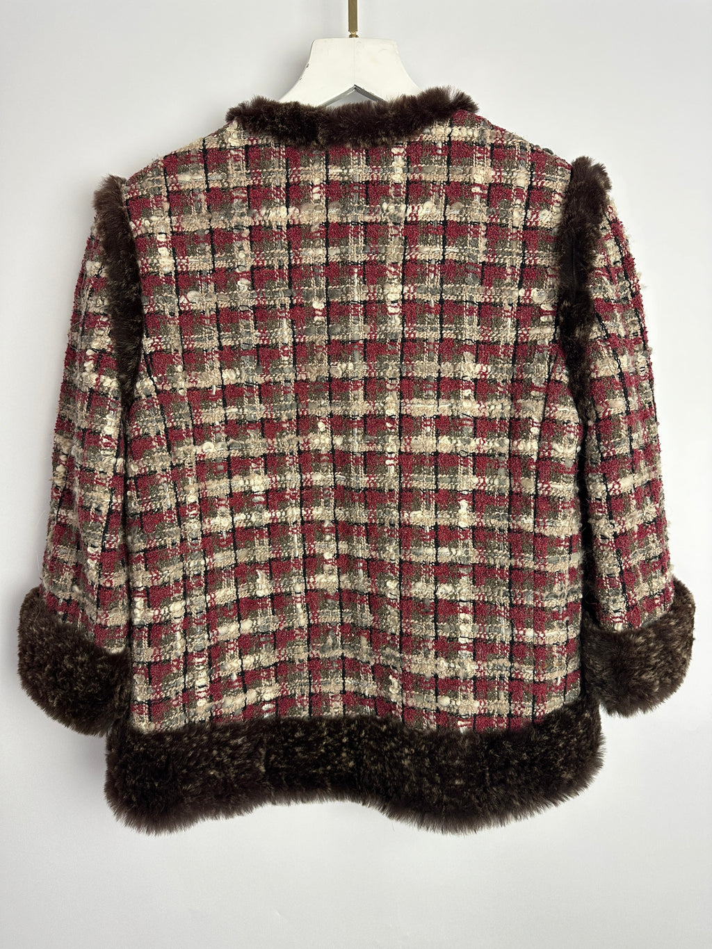 Chanel Red, Beige and Grey Tweed Jacket with Rabbit Fur Trim Detail Size FR 36 (UK 8)