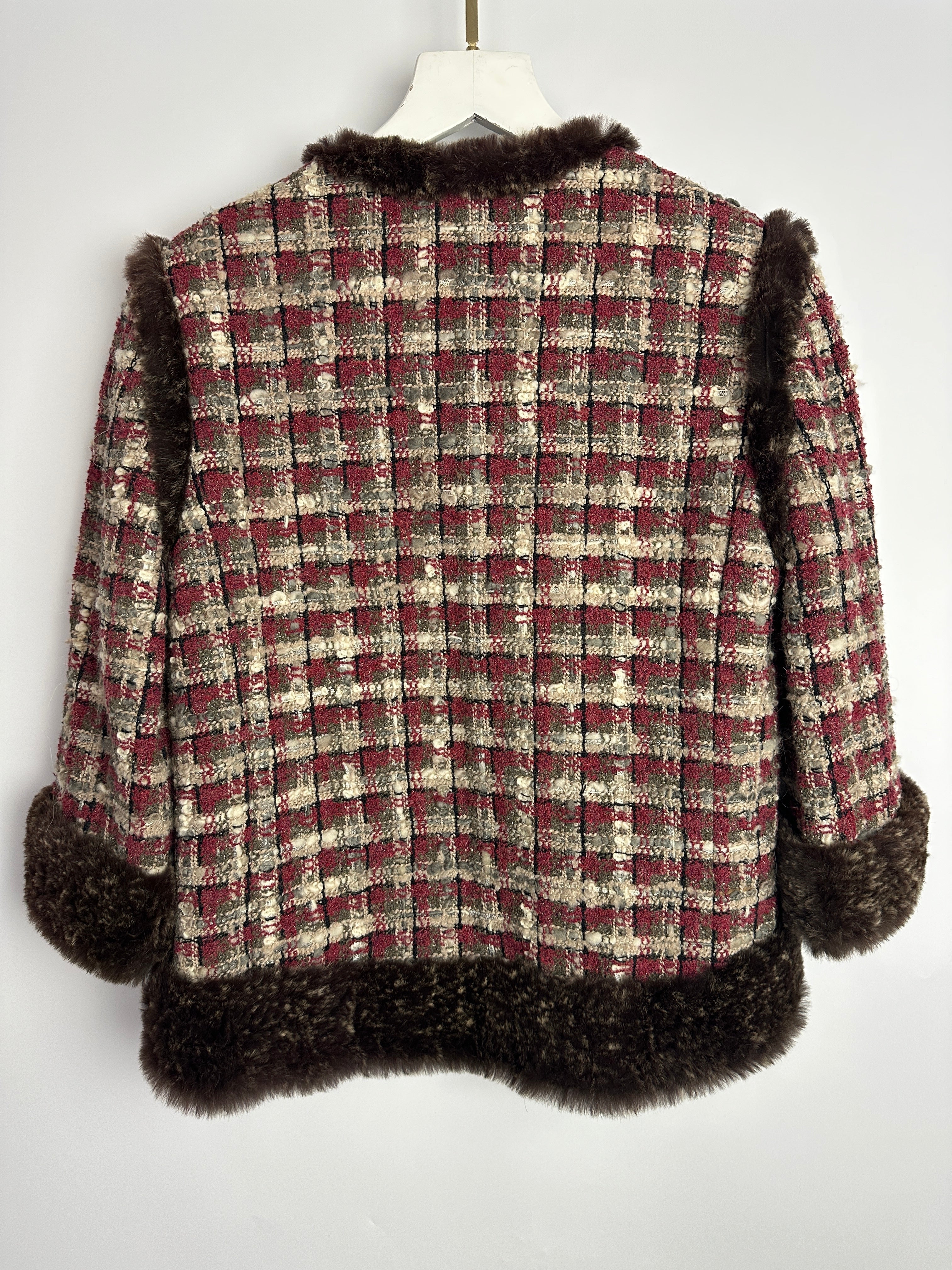 Chanel Red, Beige and Grey Tweed Jacket with Rabbit Fur Trim Detail Size FR 36 (UK 8)