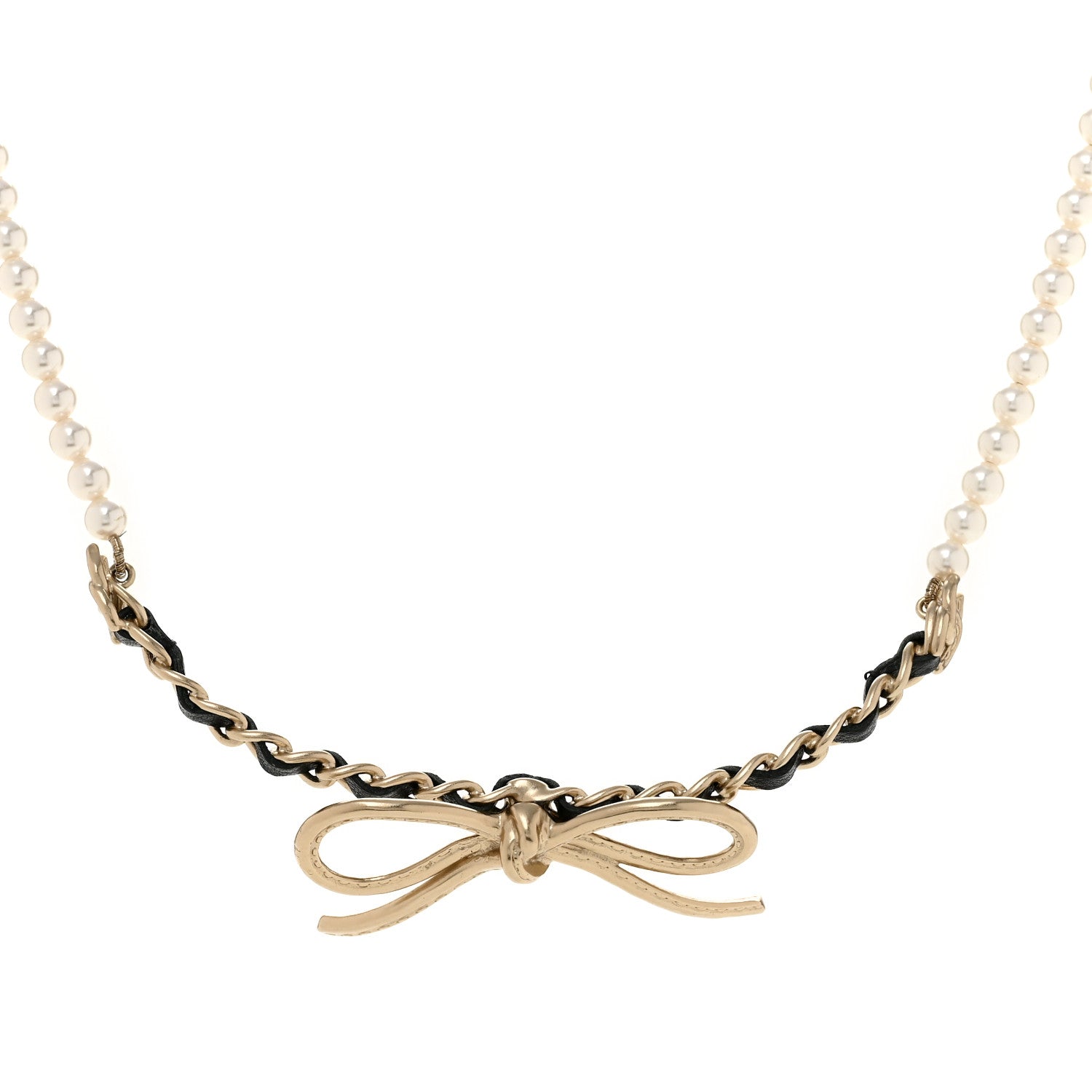 Pearl Lambskin CC Chain Bow Choker Gold Black White