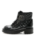 Chanel Shiny Calfskin Quilted Lace Up Combat Boots 37.5 Black