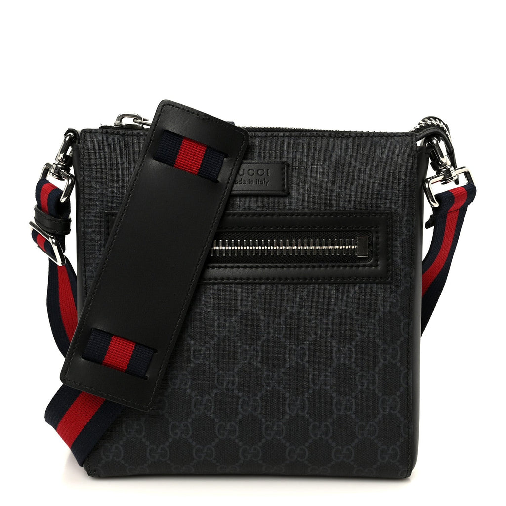 Gucci GG Supreme Monogram Web Small Flat Messenger Bag Black Grey