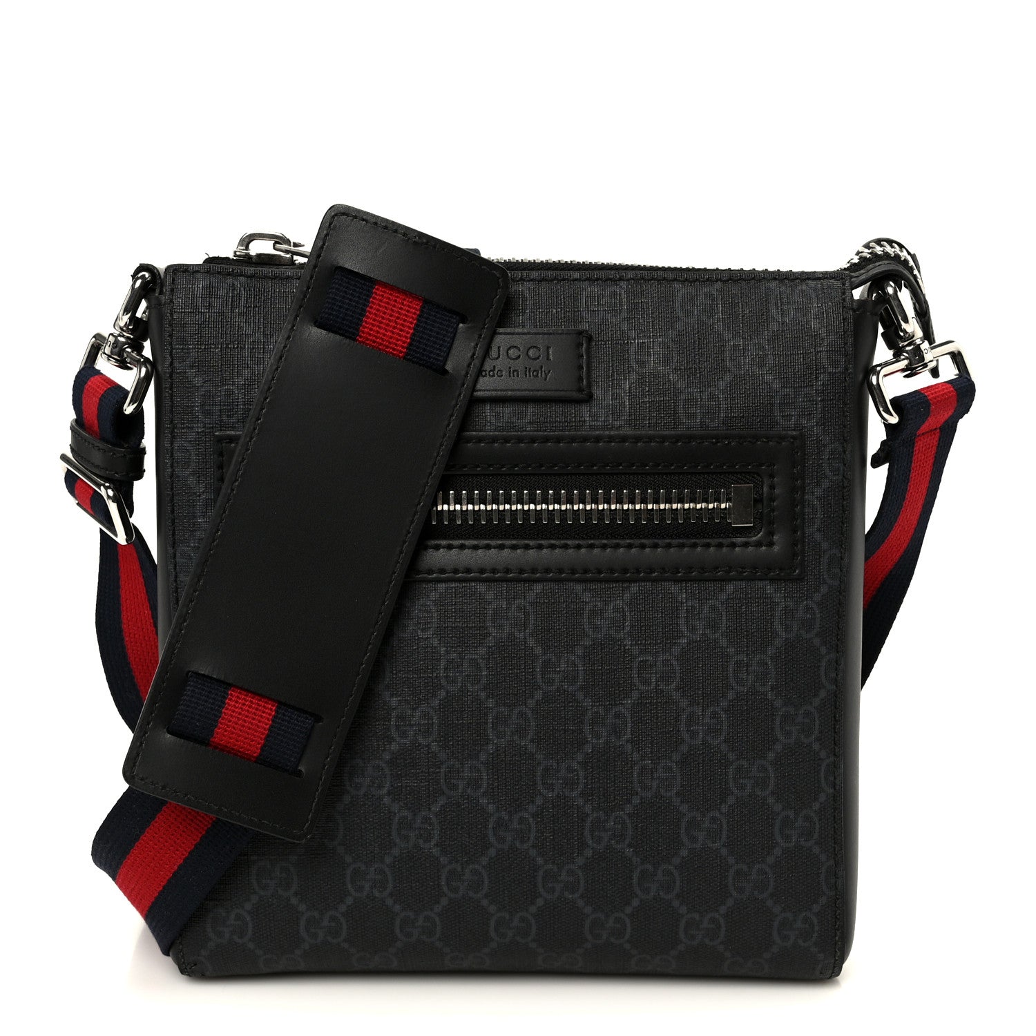 Gucci GG Supreme Monogram Web Small Flat Messenger Bag Black Grey
