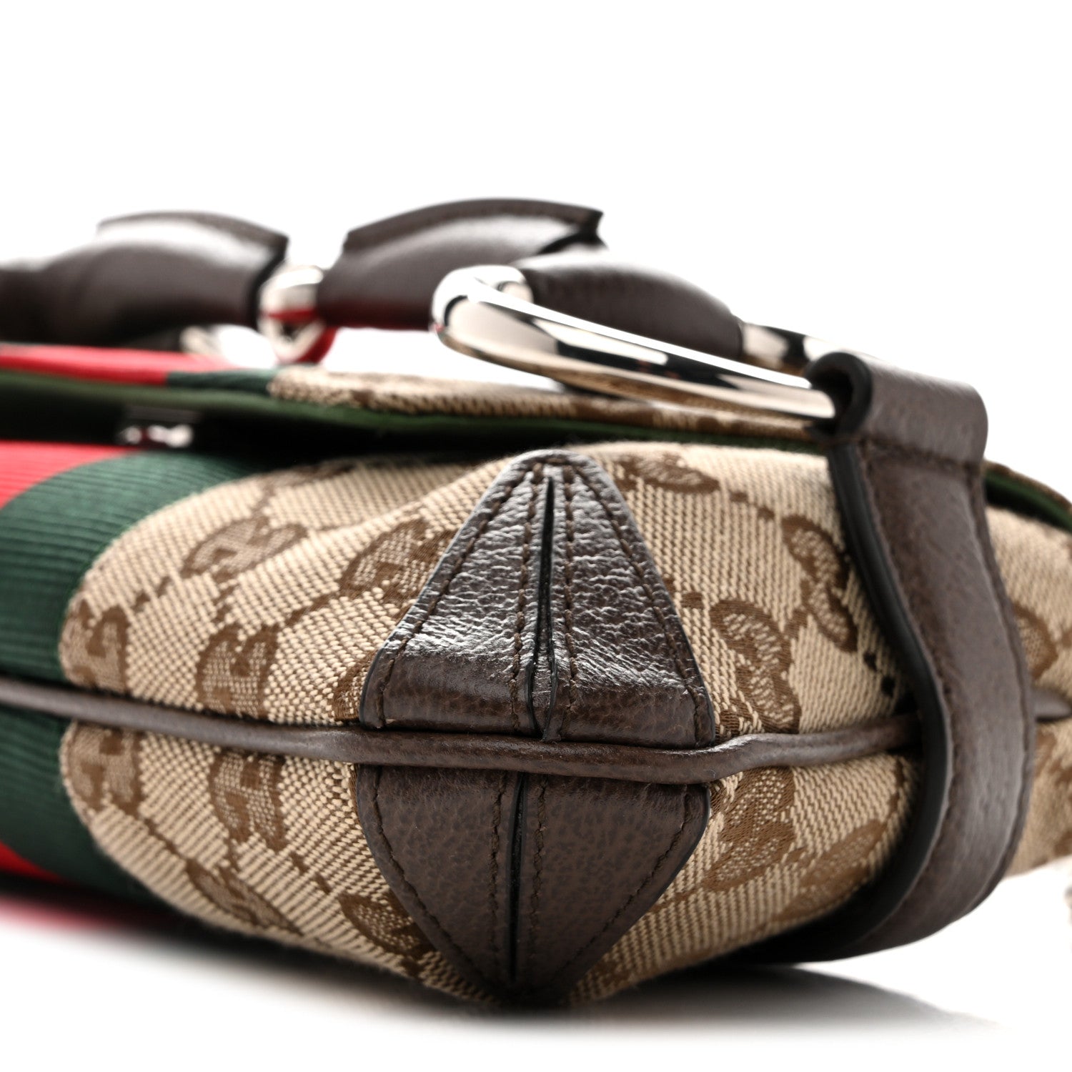 Gucci Monogram Textured Dollar Calfskin Heavy Grosgrain Web Small Maxi Horsebit Chain Shoulder Bag Beige Ebony New Acero