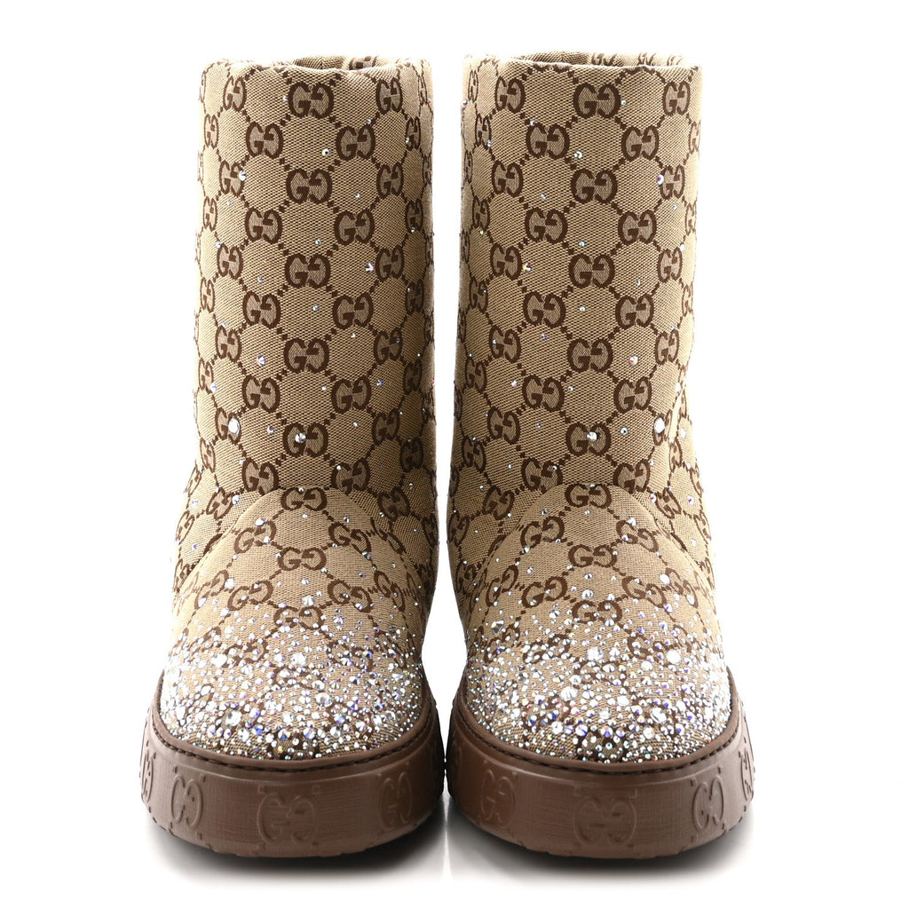 Gucci Monogram GG Strass Thermal Bootie 38.5 Camel Ebony
